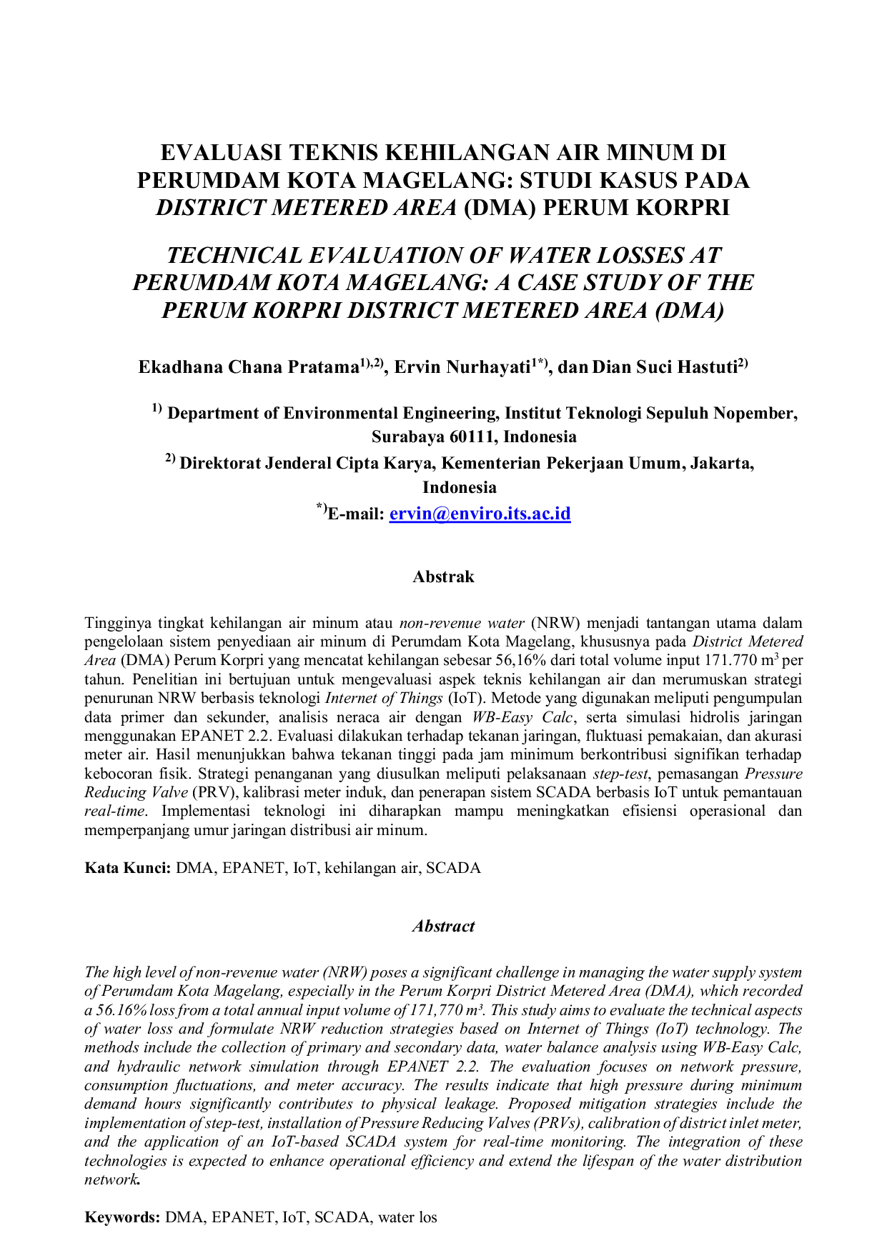 JURIS Evaluasi Teknis Kehilangan Air Minum di Perumdam Kota Magelang Studi Kasus pada District Metered Area DMA Perum Korpri