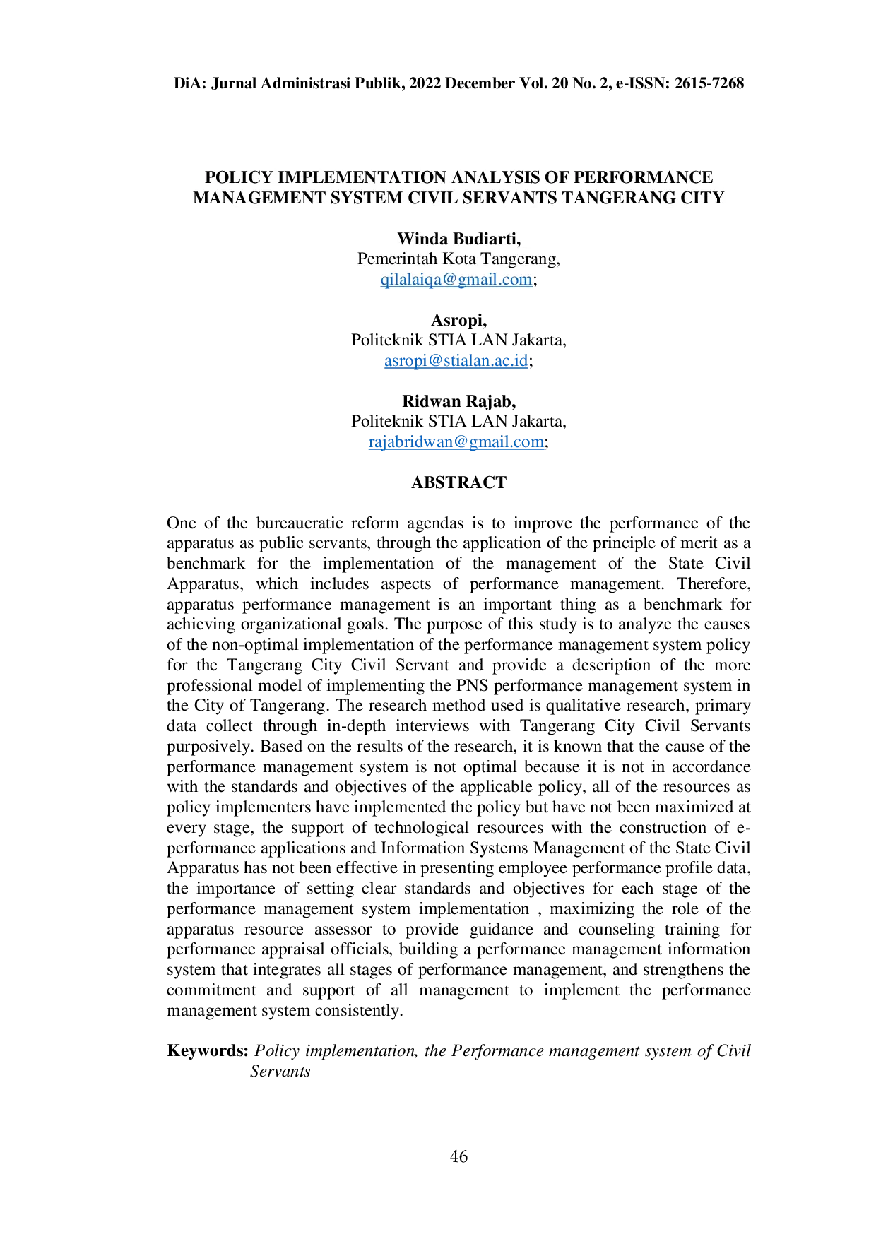 JURIS Analisis Implementasi Kebijakan Sistem Manajemen Kinerja Pegawai Negeri Sipil Kota Tangerang