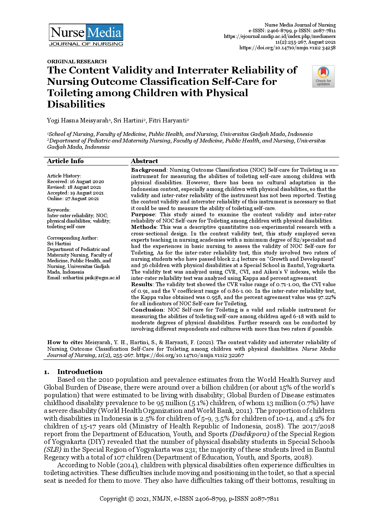 juris The Content Validity and Interrater Reliability of Nursing Outcome Classification Self Care for Toileting among Children with Physical Disabilities