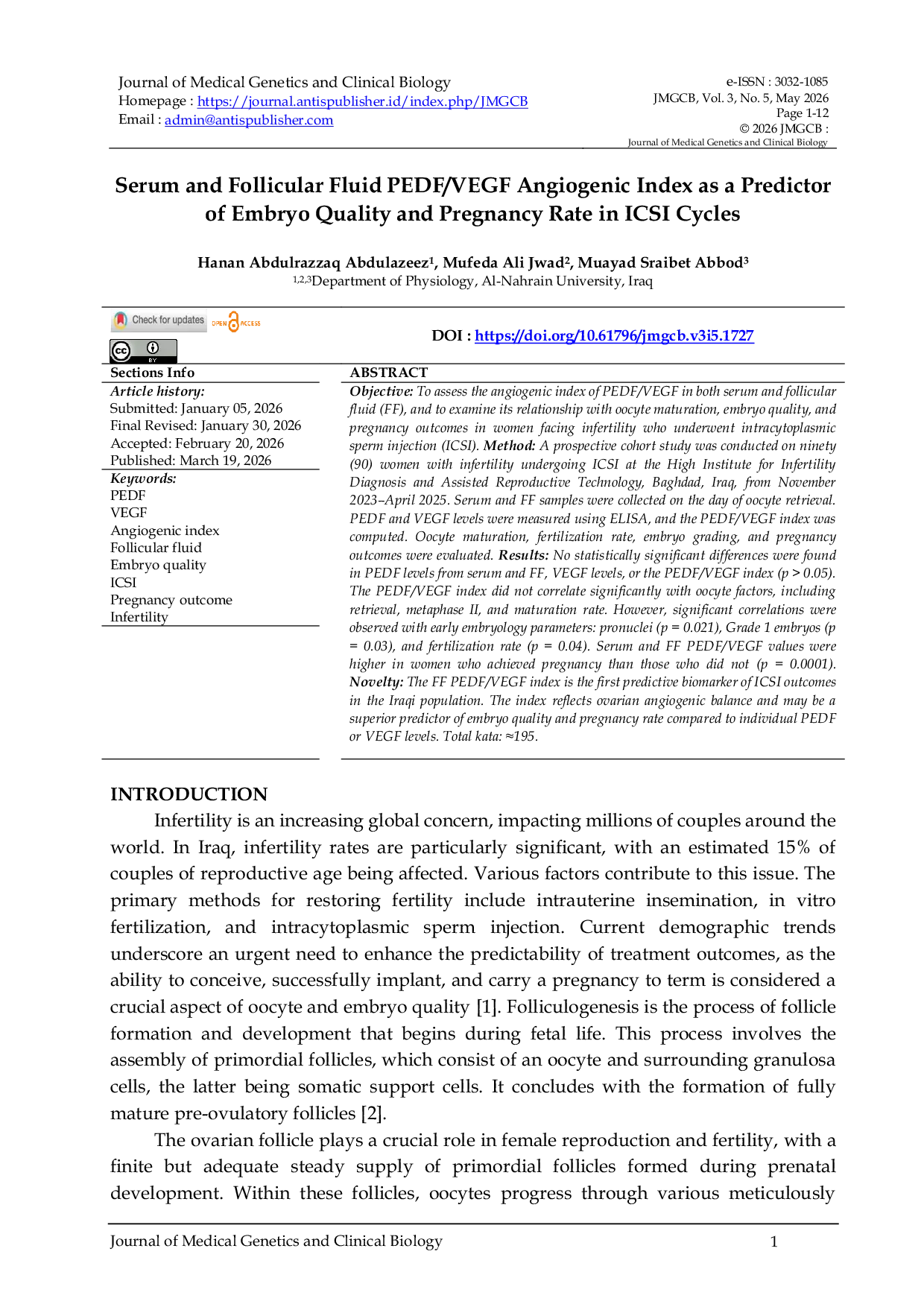 JURIS Serum And Follicular Fluid PEDF VEGF Angiogenic Index As A Predictor Of Embryo Quality And Pregnancy Rate In ICSI Cycles