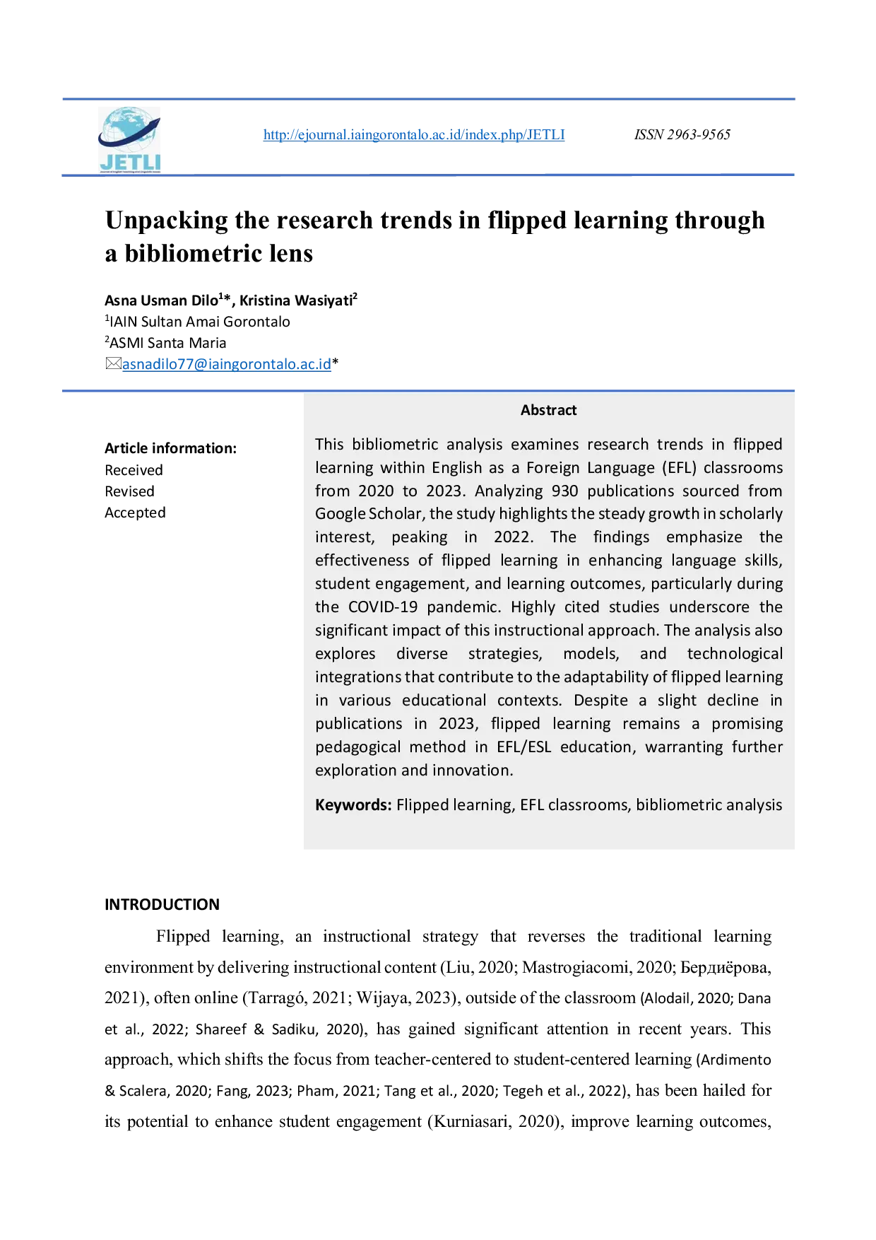 JURIS Unpacking the Research Trends in Flipped Learning through a Bibliometric Lens