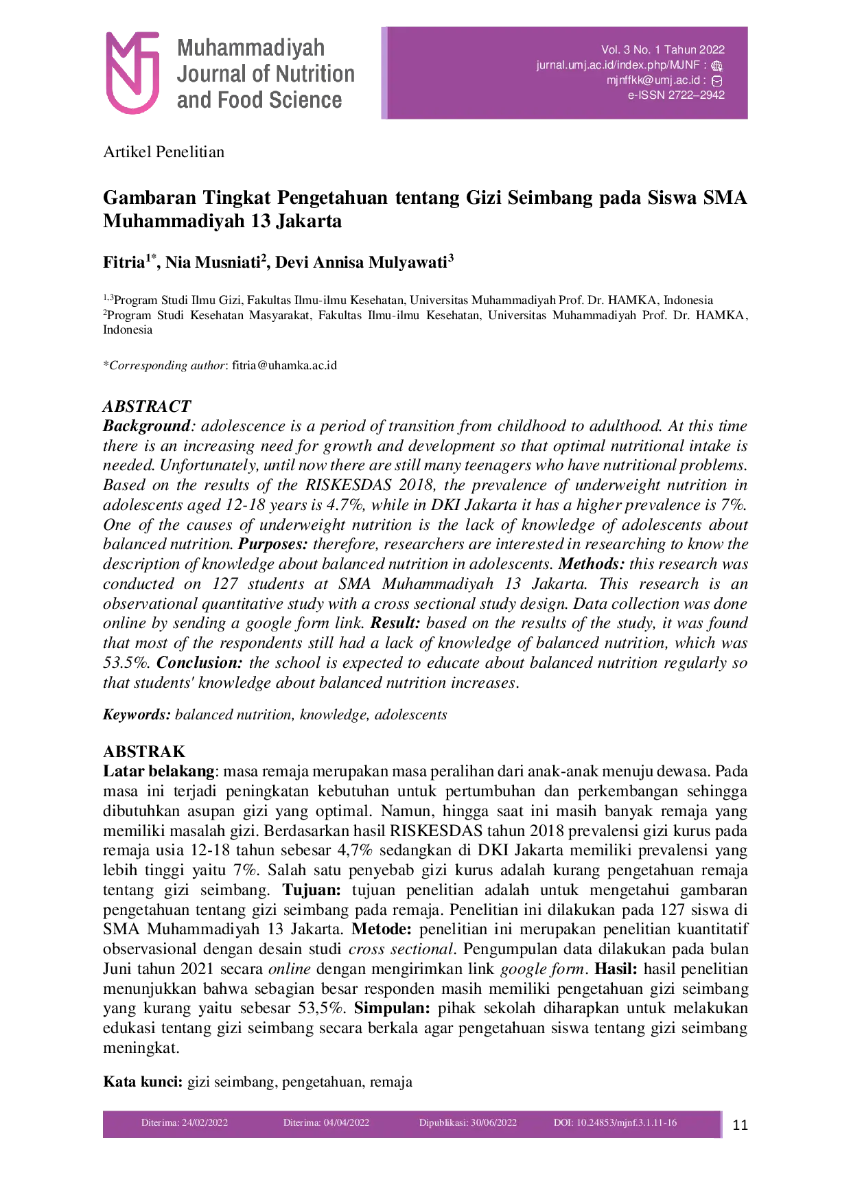 JURIS Gambaran Tingkat Pengetahuan tentang Gizi Seimbang pada Siswa SMA Muhammadiyah 13 Jakarta