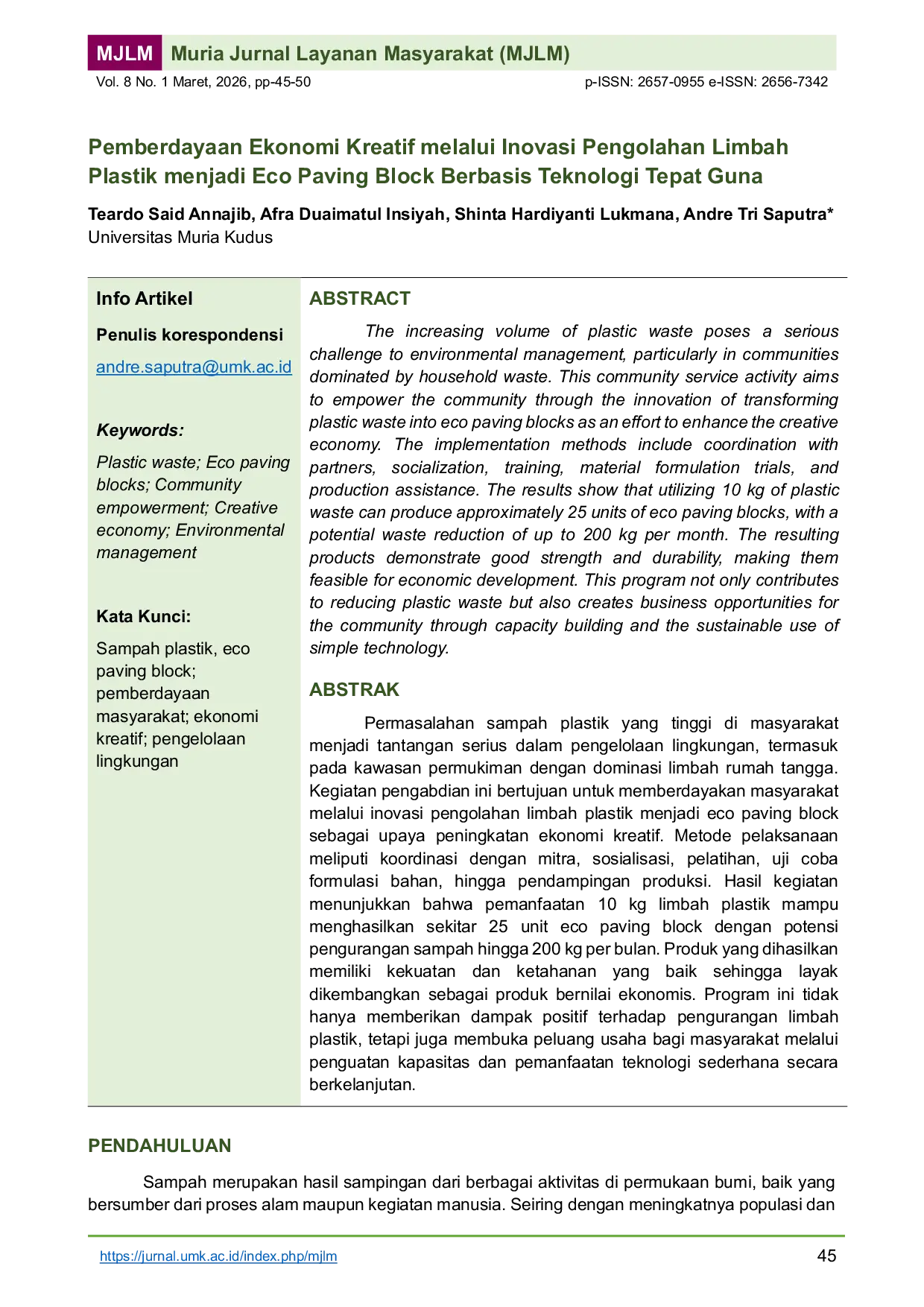 JURIS Empowering the Creative Economy through Innovative Processing of Plastic Waste into Eco Paving Blocks Using Appropriate Technology