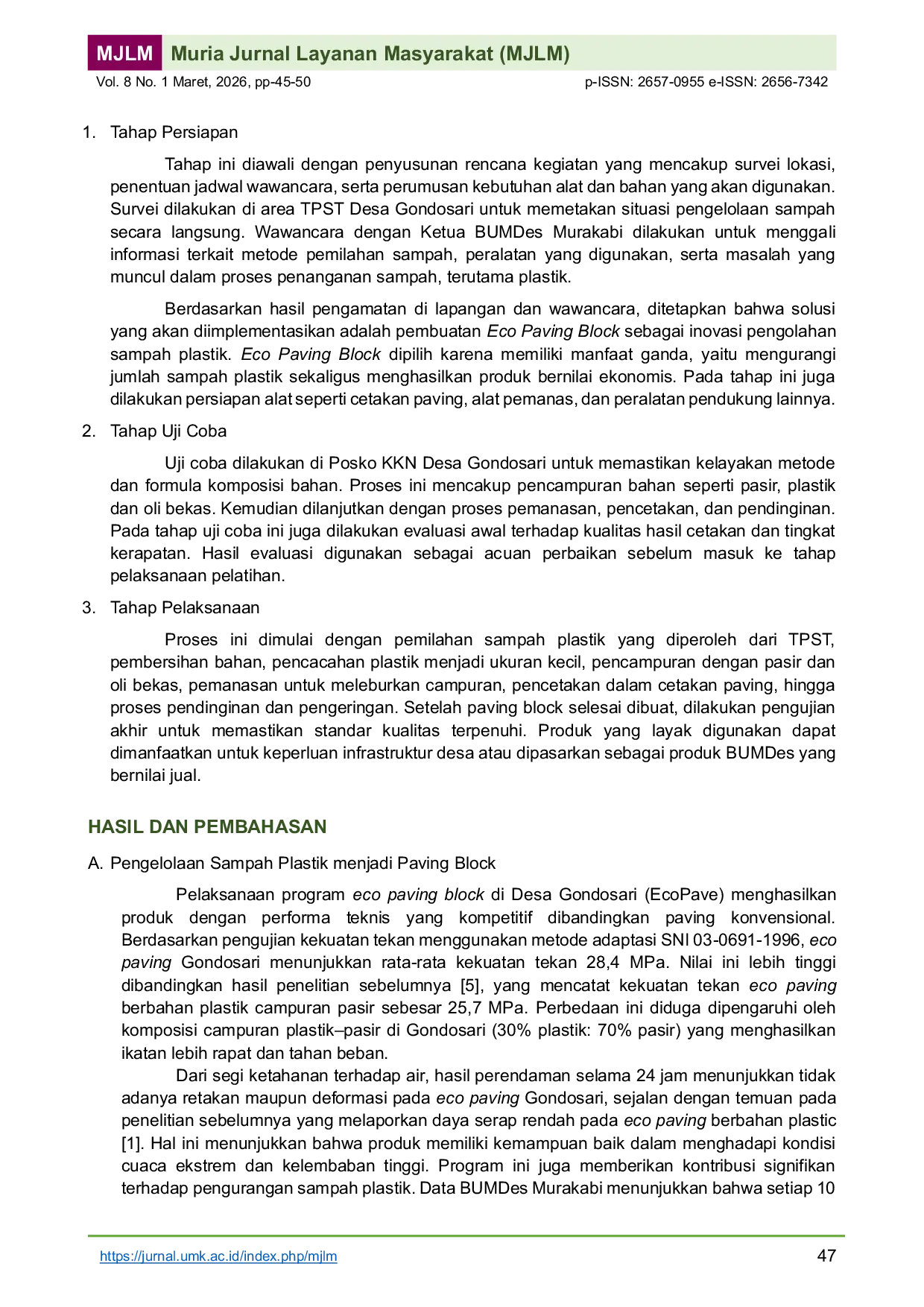 JURIS Empowering the Creative Economy through Innovative Processing of Plastic Waste into Eco Paving Blocks Using Appropriate Technology