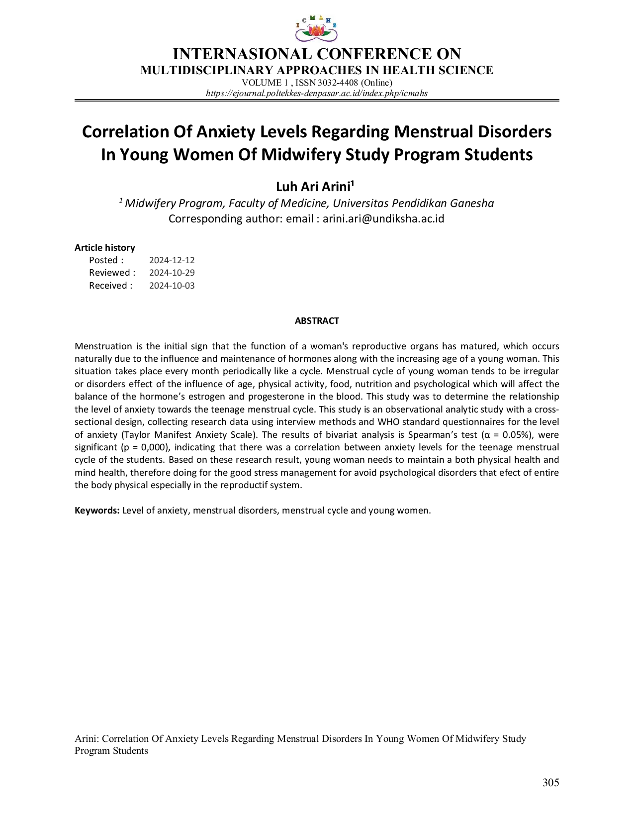 JURIS Correlation Of Anxiety Levels Regarding Menstrual Disorders In Young Women Of Midwifery Study Program Students