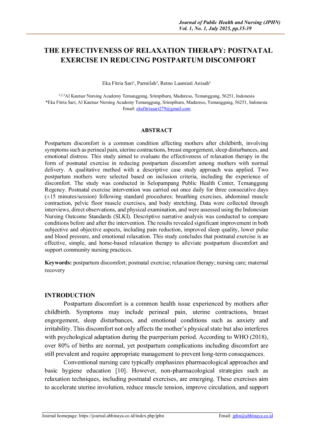 JURIS The Effectiveness of Relaxation Therapy Postnatal Exercise in Reducing Postpartum Discomfort
