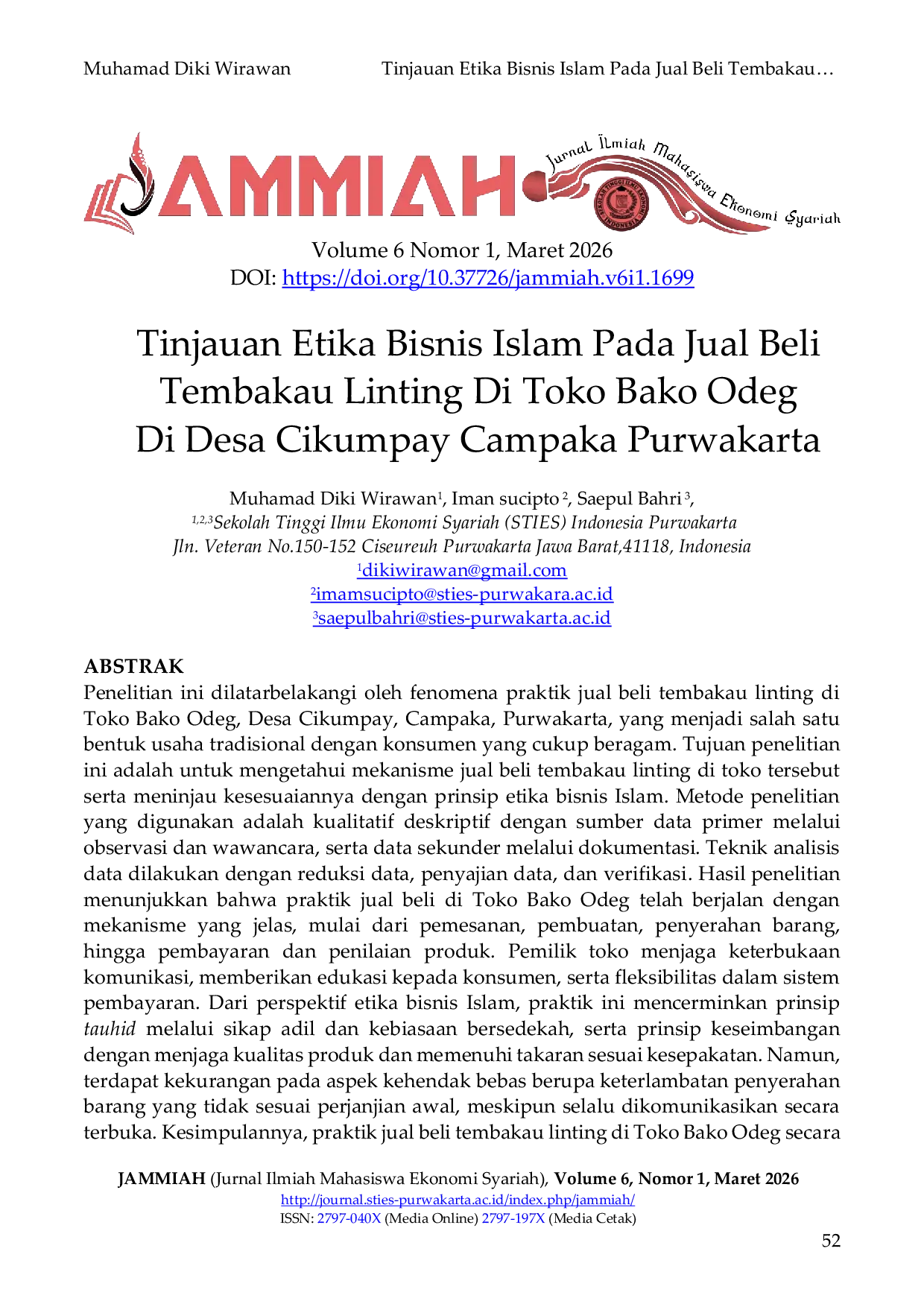 JURIS Tinjauan Etika Bisnis Islam Pada Jual Beli Tembakau Linting Di Toko Bako Odeg Di Desa Cikumpay Campaka Purwakarta