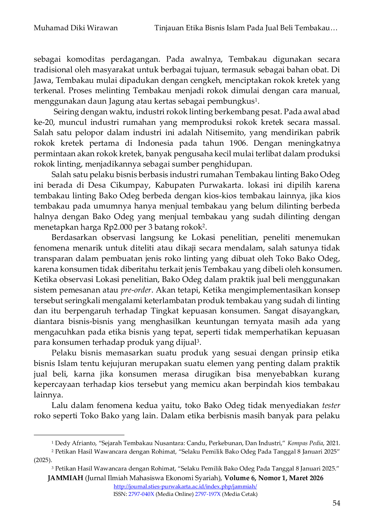 JURIS Tinjauan Etika Bisnis Islam Pada Jual Beli Tembakau Linting Di Toko Bako Odeg Di Desa Cikumpay Campaka Purwakarta