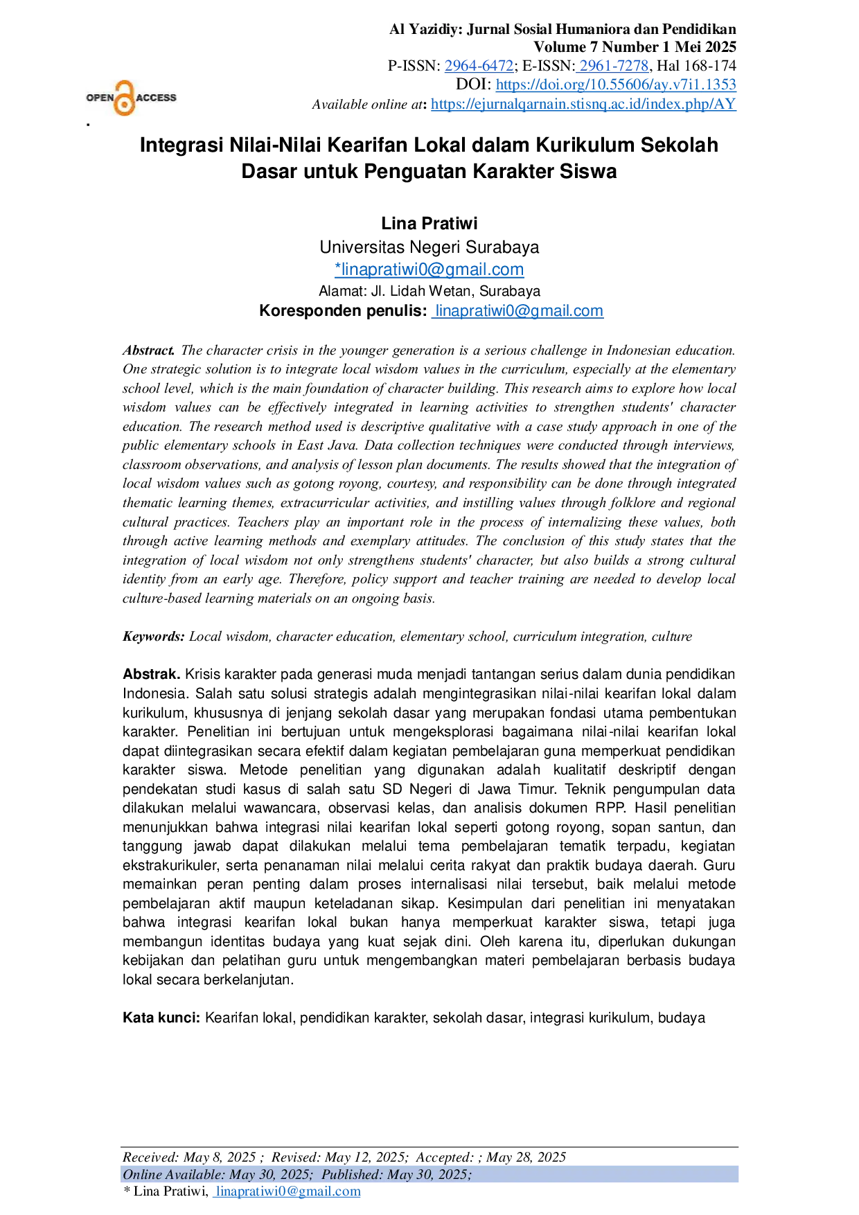 JURIS Integration of Local Wisdom Values in Primary School Curriculum for Strengthening Students Character