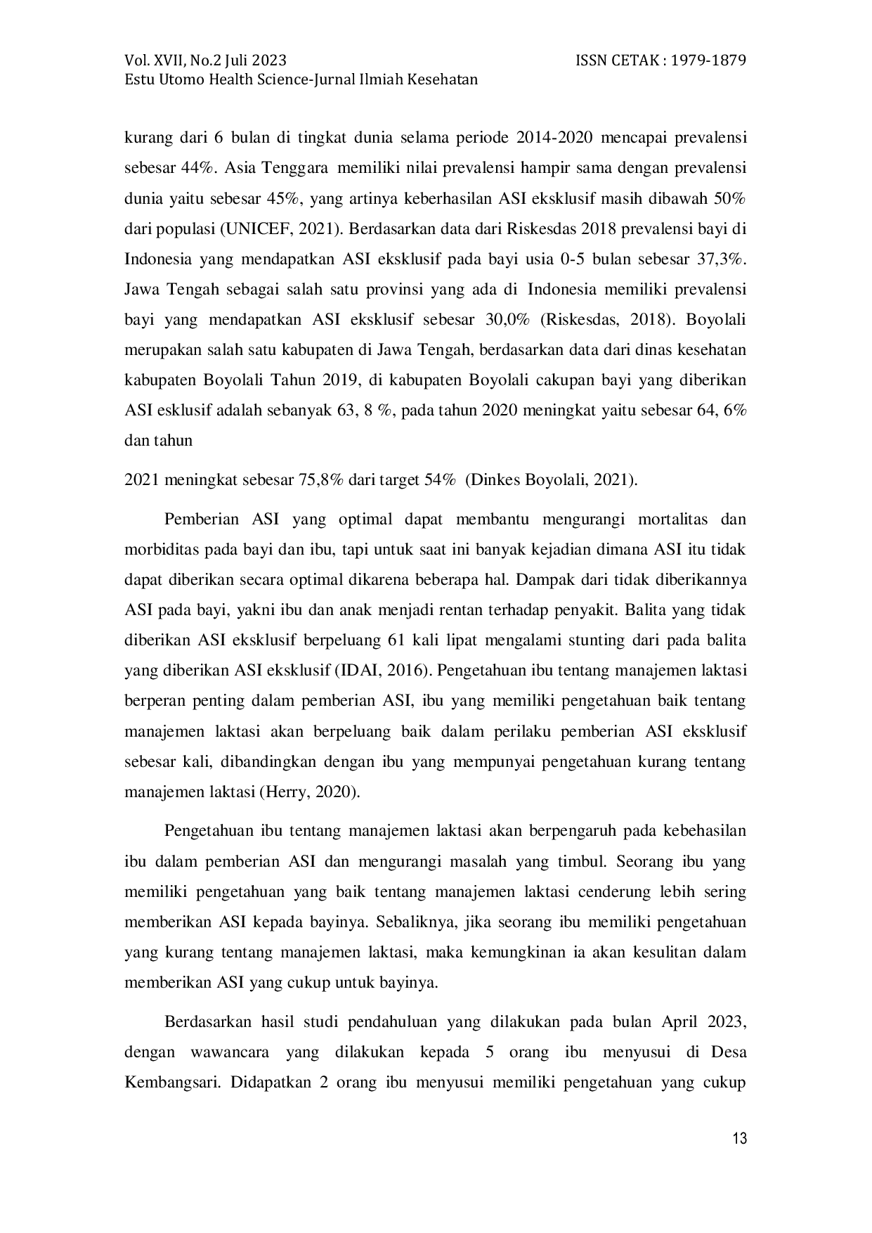 JURIS Hubungan Tingkat Pengetahuan Tentang Manajemen Laktasi Dengan Pemberian ASI Pada Ibu Menyusui Di Desa Kembangsari