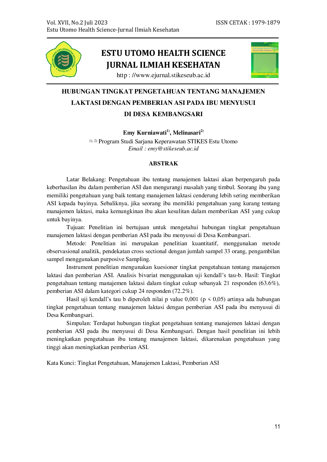 JURIS Hubungan Tingkat Pengetahuan Tentang Manajemen Laktasi Dengan Pemberian ASI Pada Ibu Menyusui Di Desa Kembangsari