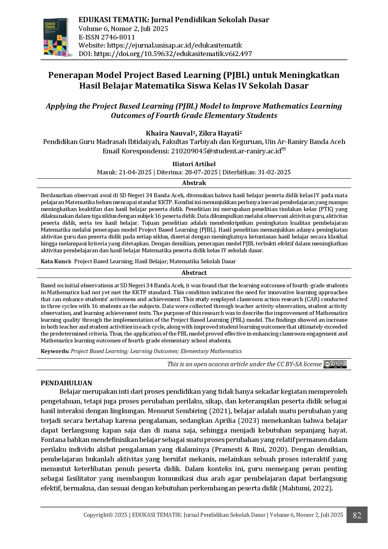 juris Penerapan Model Project Based Learning PJBL untuk Meningkatkan Hasil Belajar Matematika Siswa Kelas Iv Sekolah Dasar