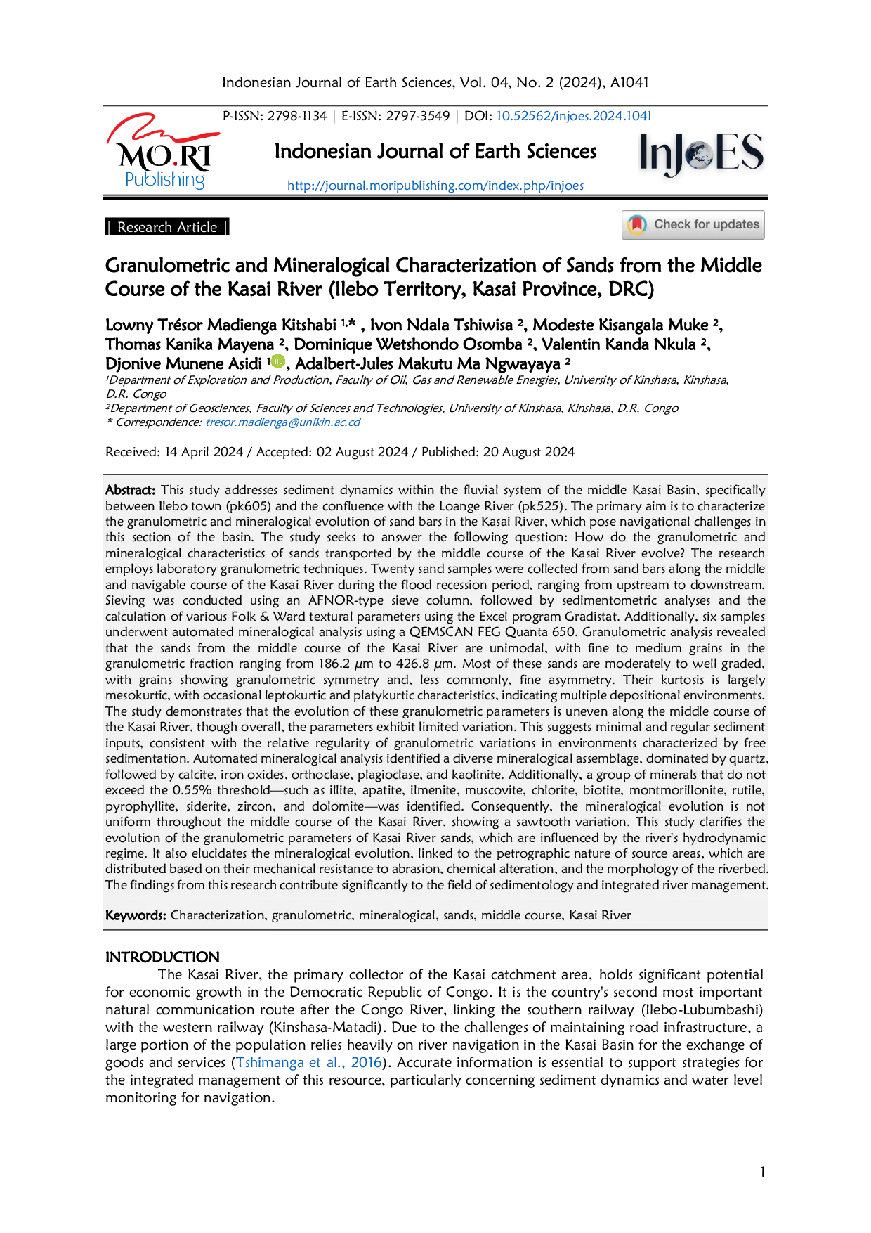 JURIS Granulometric and Mineralogical Characterization of Sands from the Middle Course of the Kasai River Ilebo Territory Kasai Province DRC