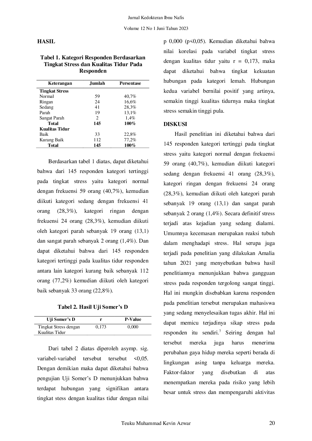 JURIS Hubungan Tingkat Stres Terhadap Kualitas Tidur Pada Mahasiswa Angkatan 2018 Fk Uisu Di Tahun 2022