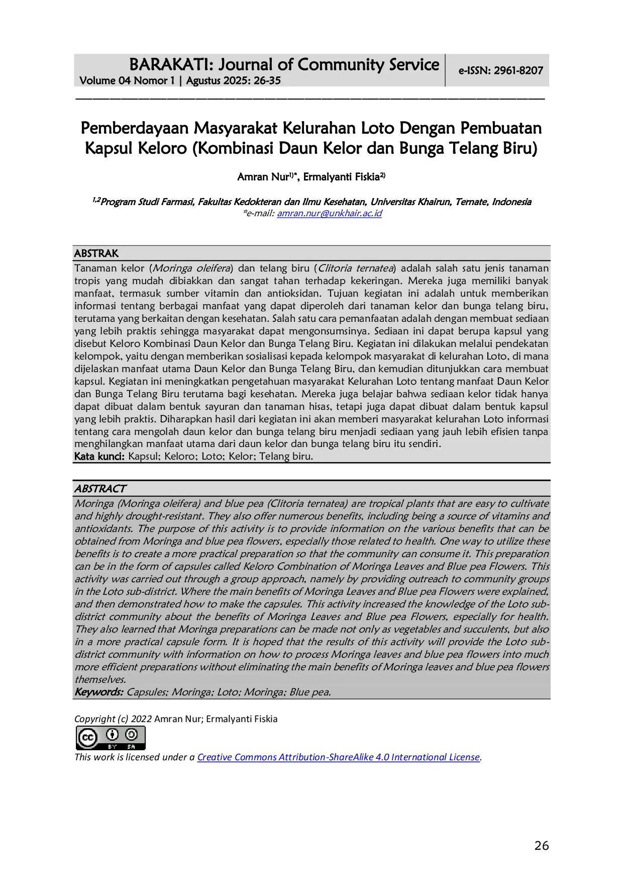 JURIS Pemberdayaan Masyarakat Kelurahan Loto Dengan Pembuatan Kapsul Keloro Kombinasi Daun Kelor dan Bunga Telang Biru