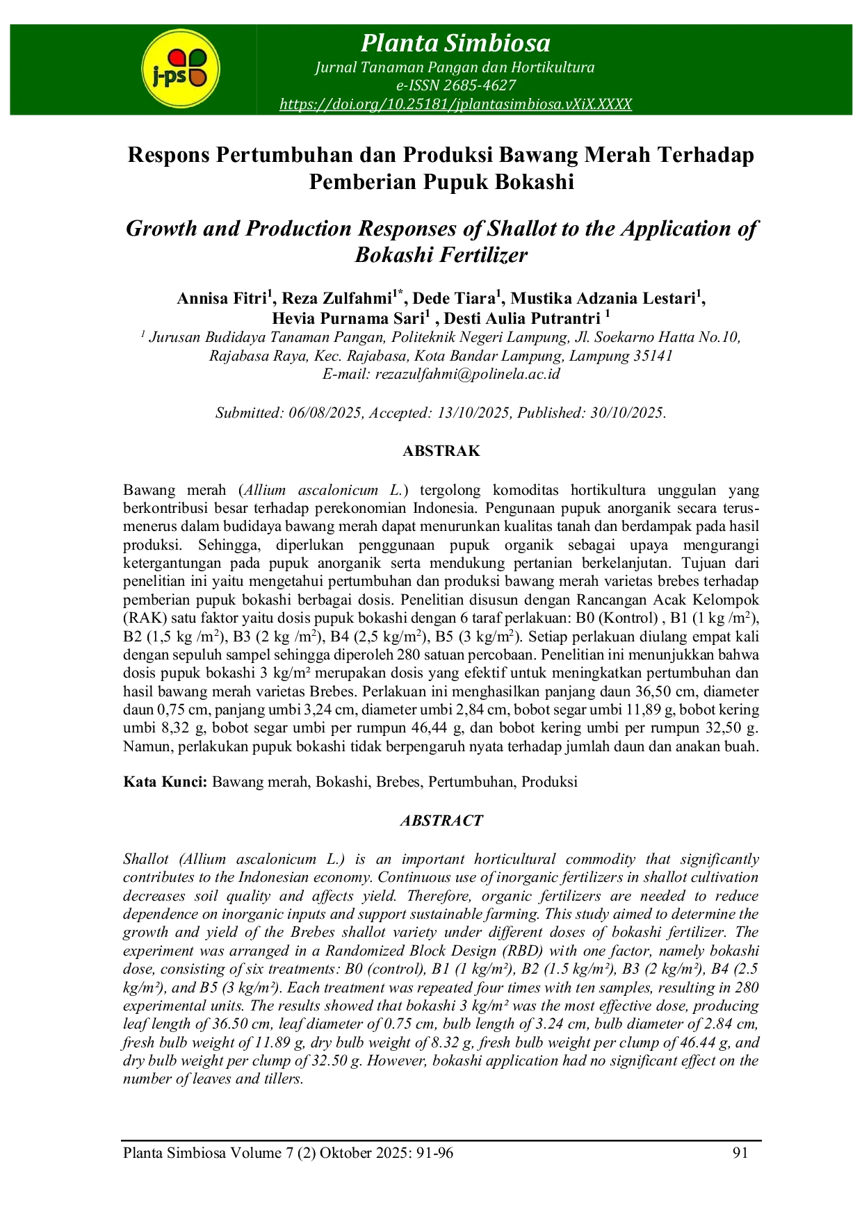 JURIS Growth and Production Responses of Shallot to the Application of Bokashi Fertilizer