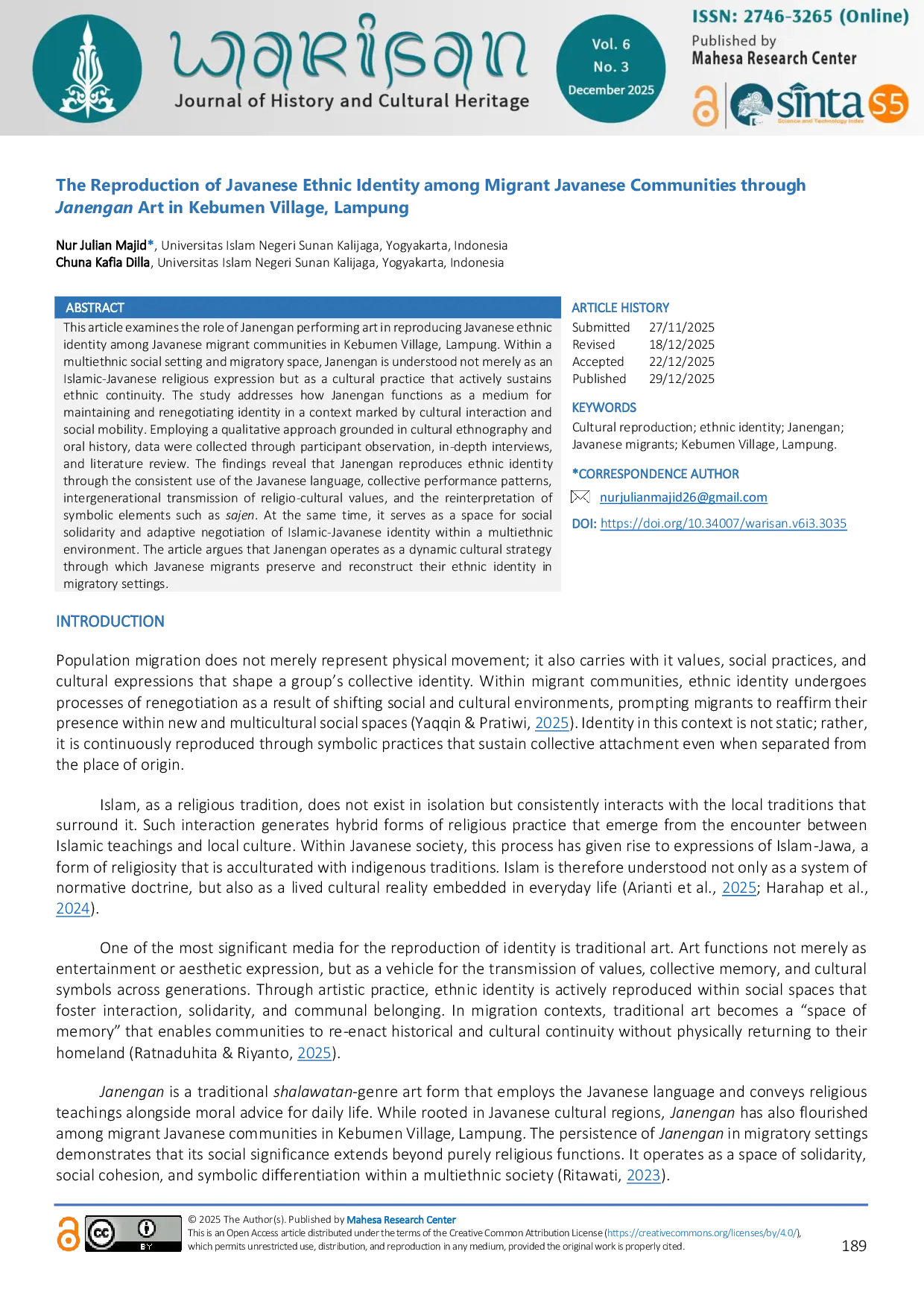 JURIS The Reproduction of Javanese Ethnic Identity among Migrant Javanese Communities through Janengan Art in Kebumen Village Lampung
