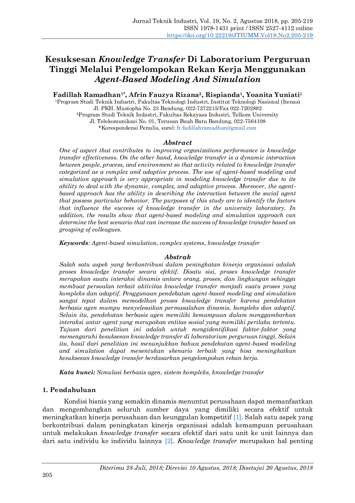 JURIS Kesuksesan Knowledge Transfer Di Laboratorium Perguruan Tinggi Melalui Pengelompokkan Rekan Kerja Menggunakan Agent Based Modeling And Simulation