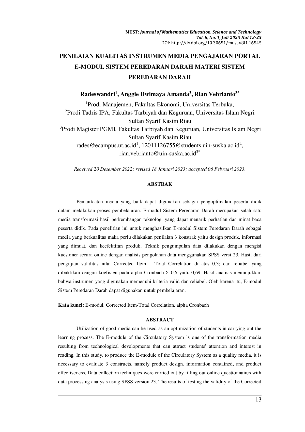 JURIS Penilaian Kualitas Instrumen Media Pengajaran Portal E Modul Materi Sistem Peredaran Darah