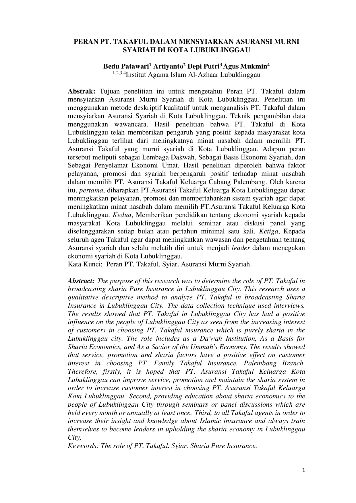 JURIS Peran PT Takaful Dalam Mensyiarkan Asuransi Murni Syariah Di Kota Lubuklinggau