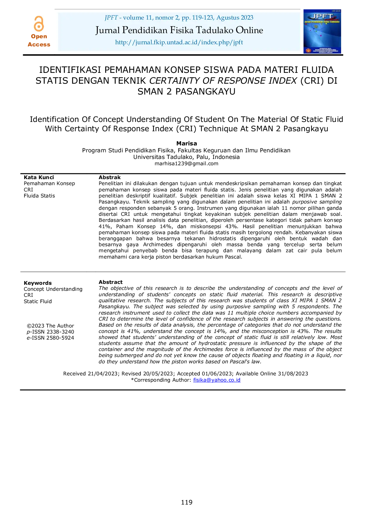 JURIS Identifikasi Pemahaman Konsep Siswa pada Materi Fluida Statis dengan Teknik Certainty Of Response Index Cri di SMAN 2 Pasangkayu