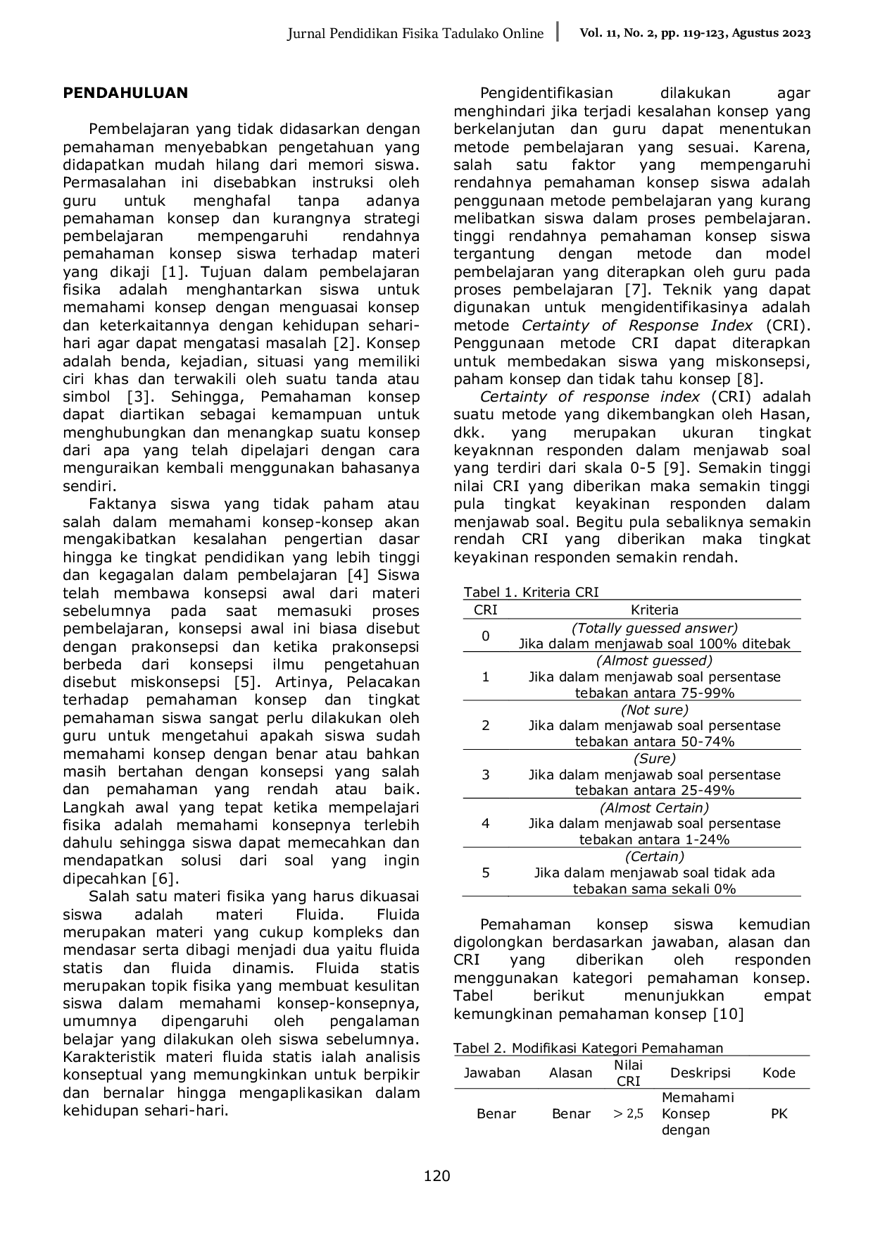 JURIS Identifikasi Pemahaman Konsep Siswa pada Materi Fluida Statis dengan Teknik Certainty Of Response Index Cri di SMAN 2 Pasangkayu
