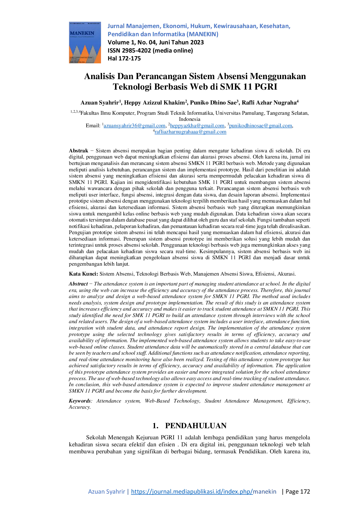 JURIS Analisis Dan Perancangan Sistem Absensi Menggunakan Teknologi Berbasis Web di SMK 11 PGRI