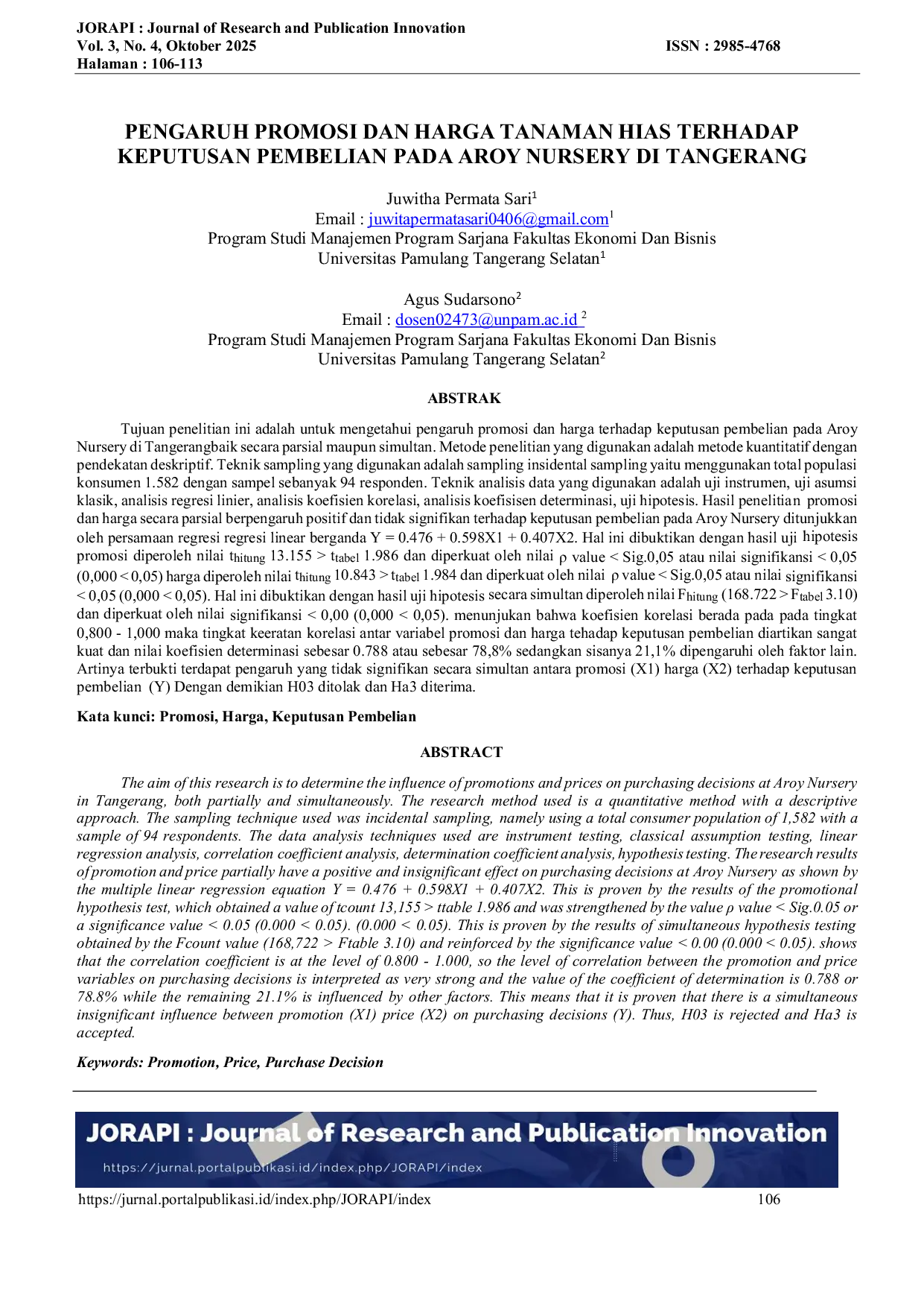 JURIS Pengaruh Promosi Dan Harga Tanaman Hias Terhadap Keputusan Pembelian Pada Aroy Nursery Di Tangerang