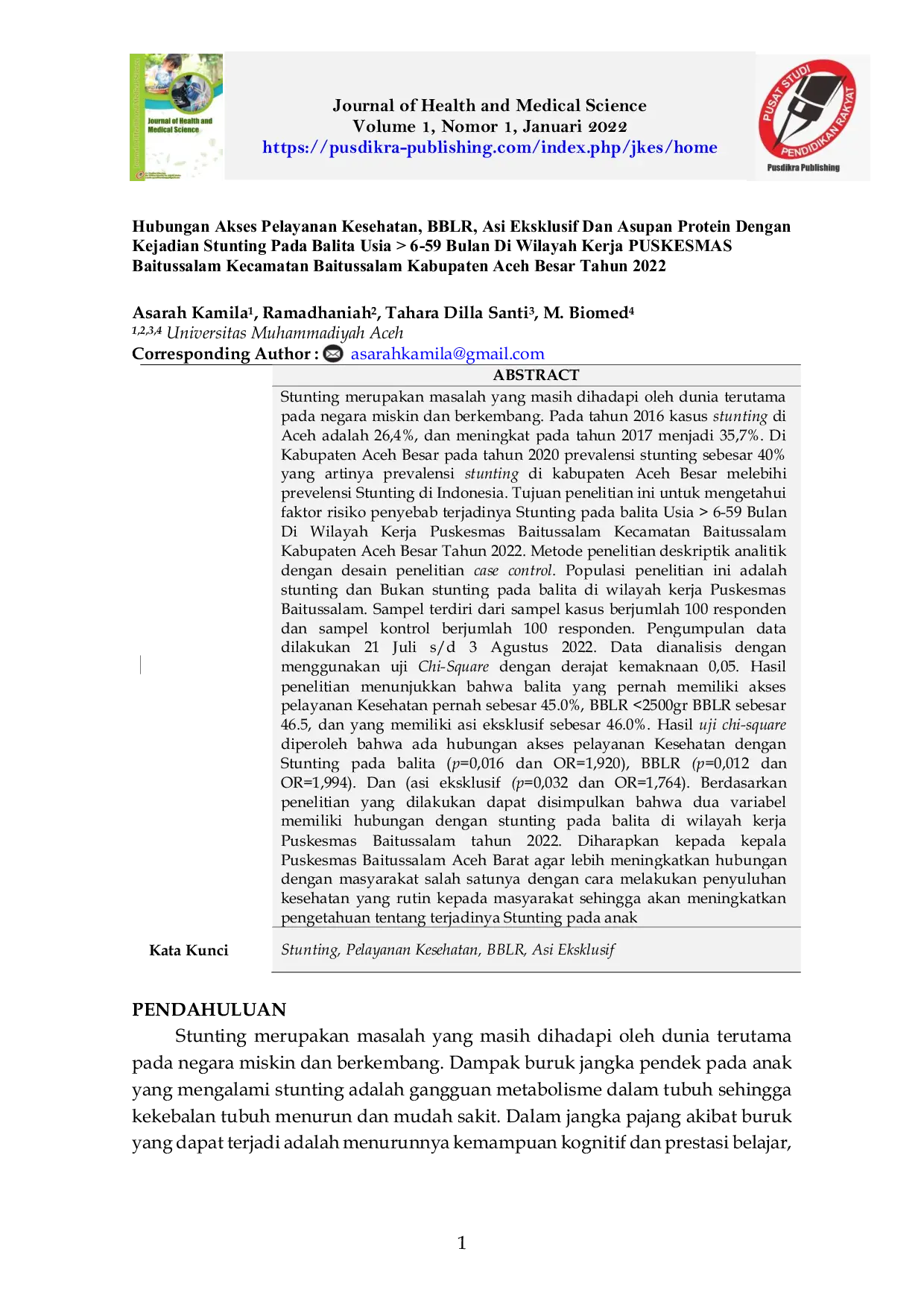 JURIS Hubungan Akses Pelayanan Kesehatan BBLR Asi Eksklusif Dan Asupan Protein Dengan Kejadian Stunting Pada Balita Usia 6 59 Bulan Di Wilayah Kerja PUSKESMAS Baitussalam Kecamatan Baitussalam Kabupaten