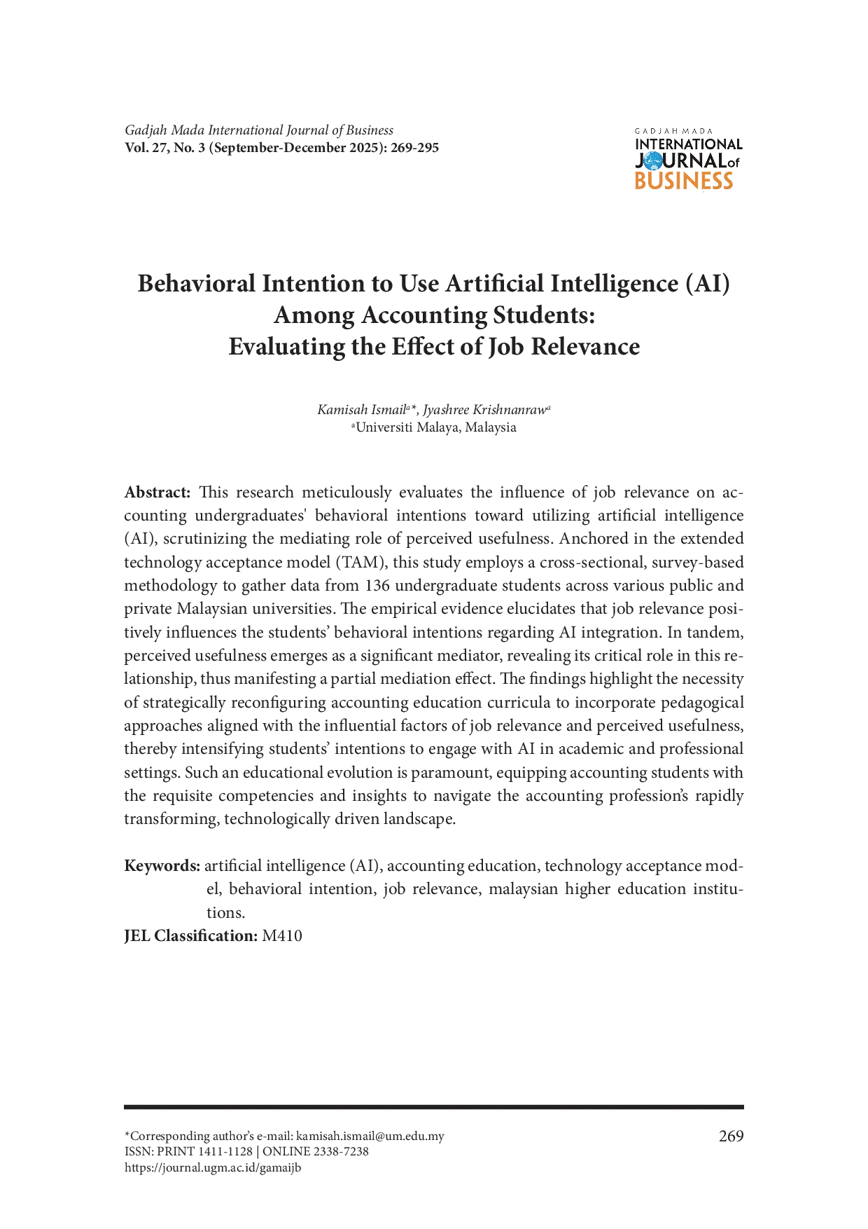 juris Behavioral Intention to Use Artificial Intelligence AI Among Accounting Students Evaluating the Effect of Job Relevance