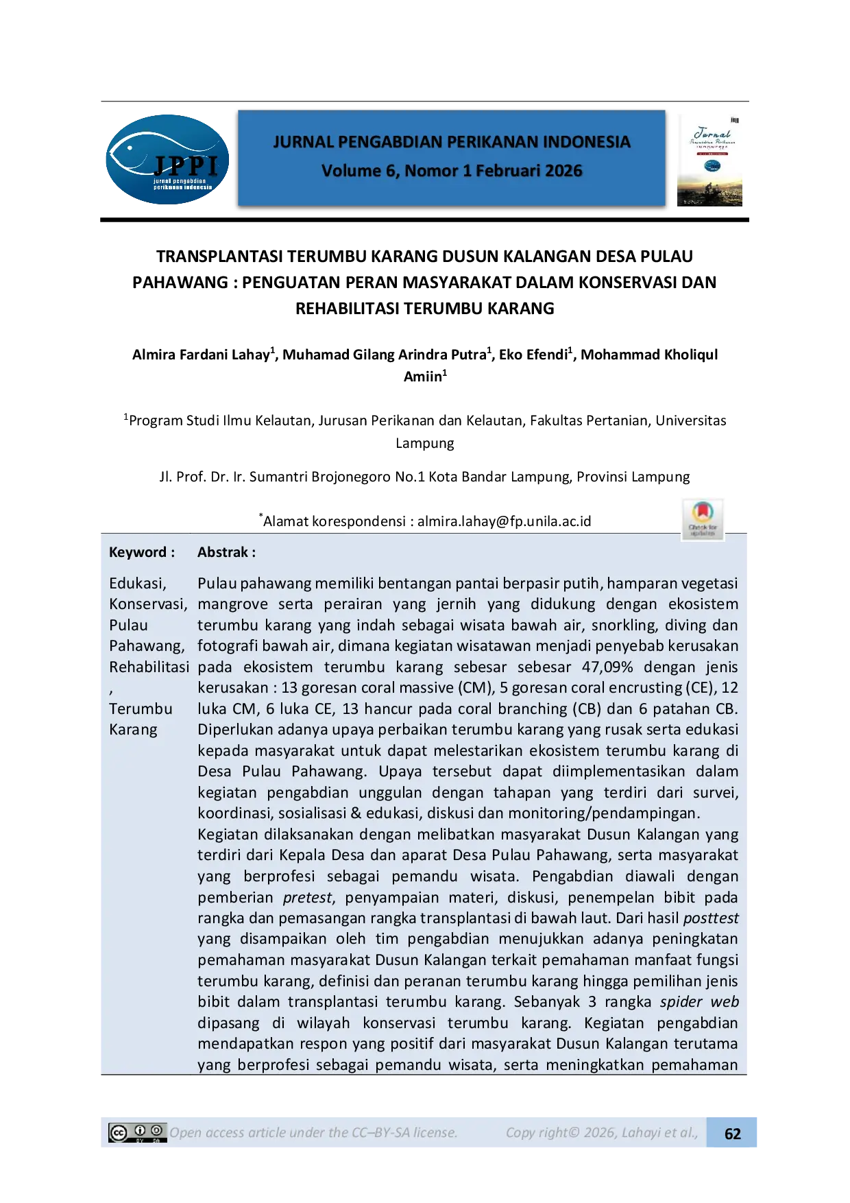 JURIS Transplantasi Terumbu Karang Dusun Kalangan Desa Pulau Pahawang Penguatan Peran Masyarakat Dalam Konservasi dan Rehabilitasi Terumbu Karang