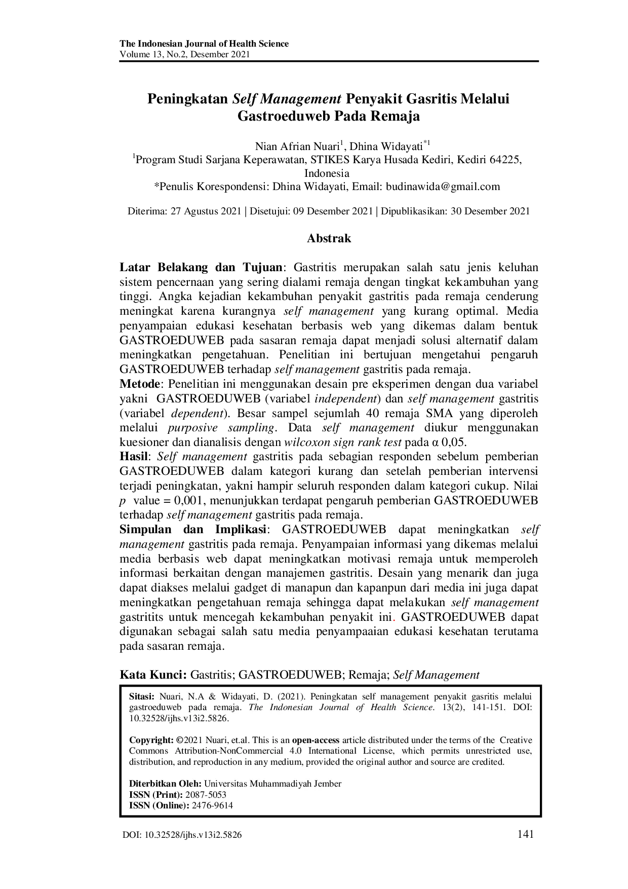 JURIS Peningkatan Self Management Penyakit Gasritis Melalui Gastroeduweb Pada Remaja