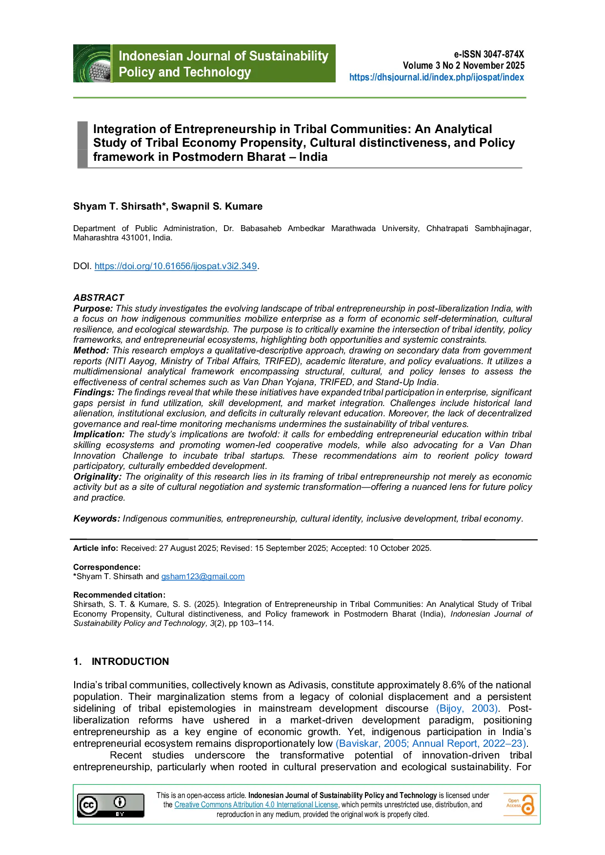 JURIS Integration of Entrepreneurship in Tribal Communities An Analytical Study of Tribal Economy Propensity Cultural Distinctiveness and Policy Framework in Postmodern Bharat India