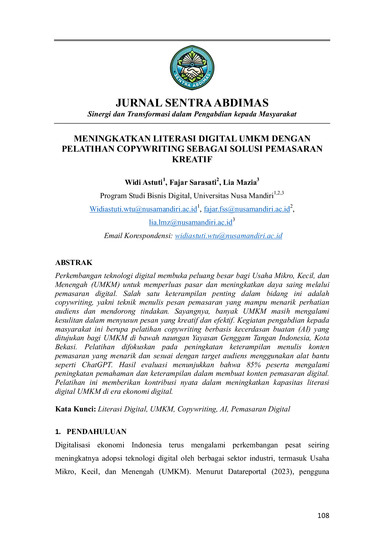 JURIS Literasi Digital MENINGKATKAN LITERASI DIGITAL UMKM DENGAN PELATIHAN COPYWRITING SEBAGAI SOLUSI PEMASARAN KREATIF