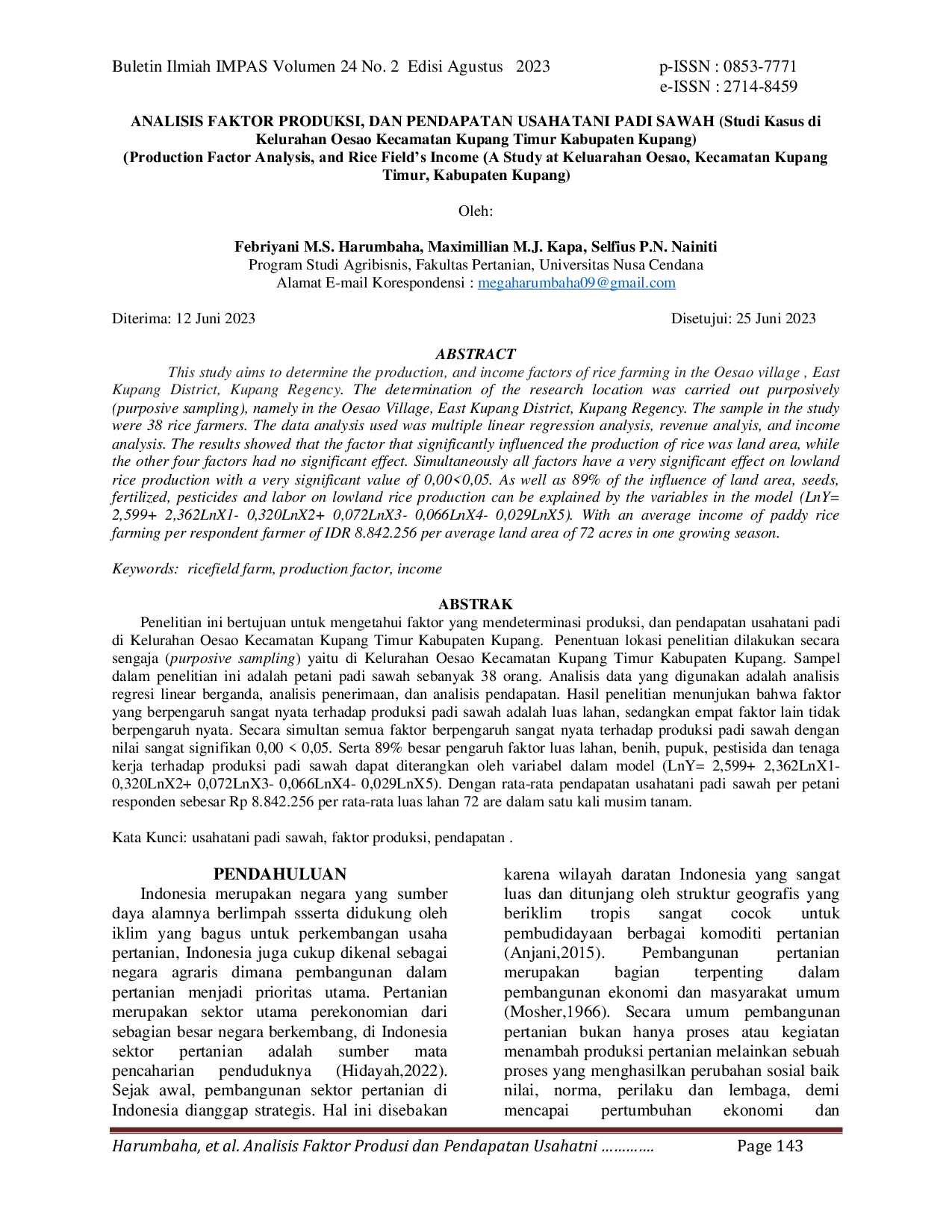 JURIS Analisis Faktor Produksi Dan Pendapatan Usahatani Padi Sawah Studi Kasus Di Kelurahan Oesao Kecamatan Kupang Timur Kabupaten Kupang