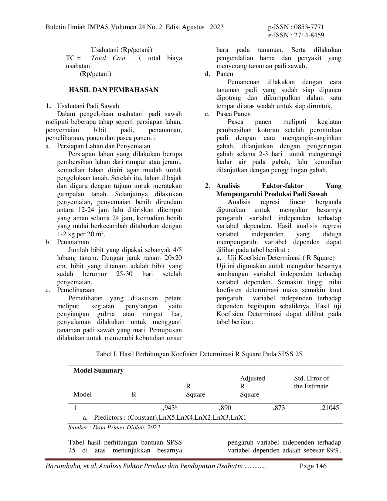 JURIS Analisis Faktor Produksi Dan Pendapatan Usahatani Padi Sawah Studi Kasus Di Kelurahan Oesao Kecamatan Kupang Timur Kabupaten Kupang