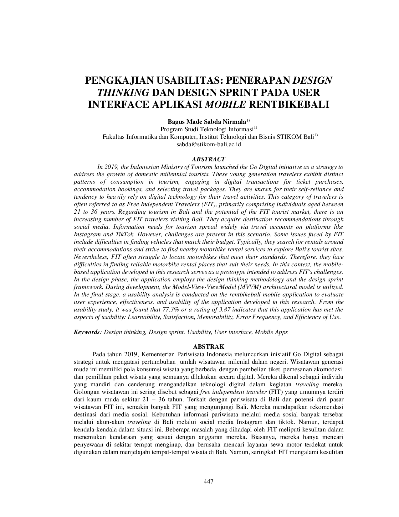 JURIS Pengkajian Usabilitas Penerapan Design Thinking Dan Design Sprint Pada User Interface Aplikasi Mobile Rentbikebali
