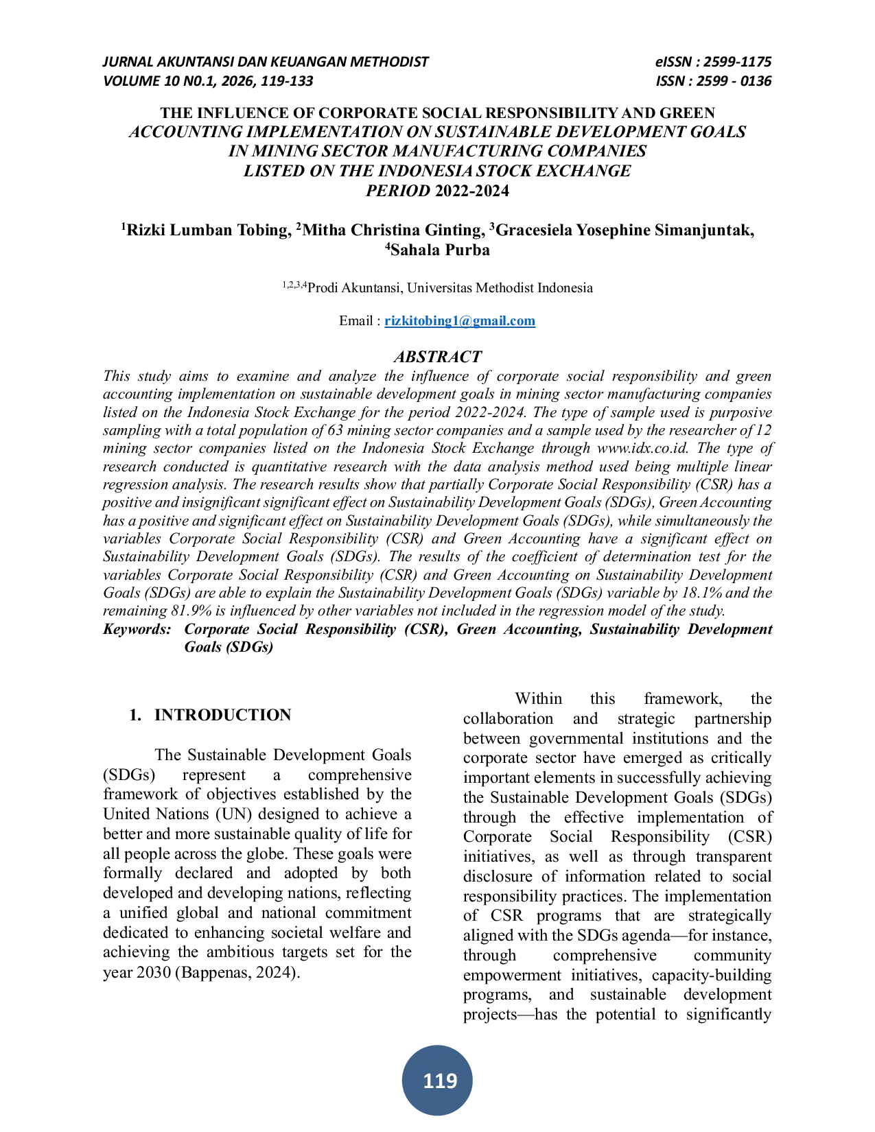 JURIS The Influence Of Corporate Social Responsibility And Green Accounting Implementation On Sustainable Development Goals In Mining Sector Manufacturing Companies Listed On The Indonesia Stock Exchange Pe