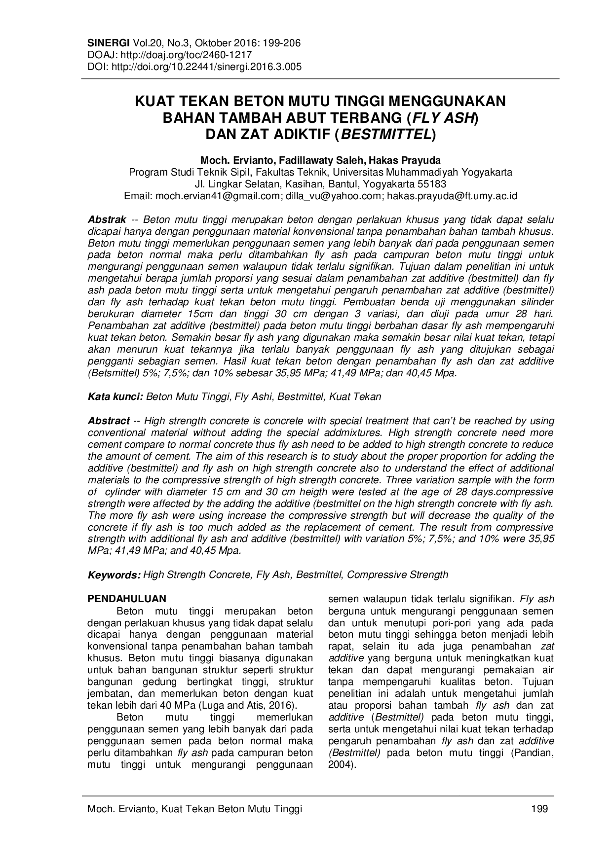 JURIS Kuat Tekan Beton Mutu Tinggi Menggunakan Bahan Tambah Abut Terbang Fly Ash Dan Zat Adiktif Bestmittel