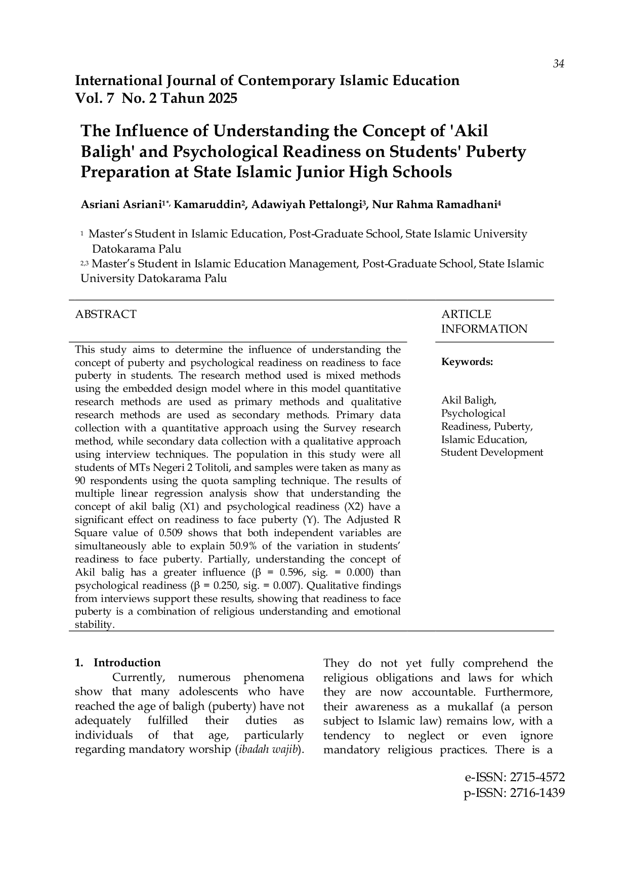 JURIS The Influence of Understanding the Concept of Akil Baligh and Psychological Readiness on Students Puberty Preparation at State Islamic Junior High Schools