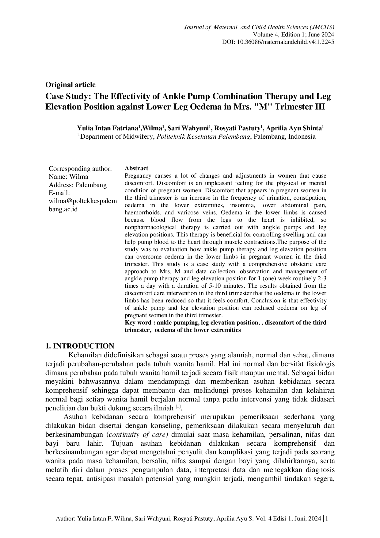 JURIS The Effectivity Of Angkle Pump Combination Therapy And Leg Elevation Position Against Lower Limb Oedema Mrs M In The 3rd Trimester