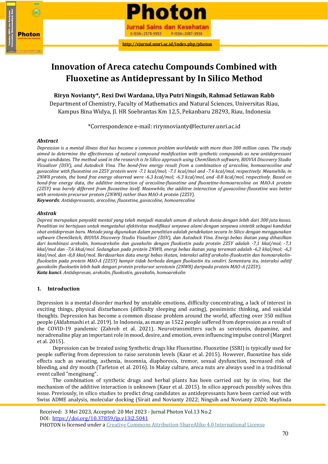 JURIS Innovation of Areca catechu Compounds Combined with Fluoxetine as Antidepressant by In Silico Method