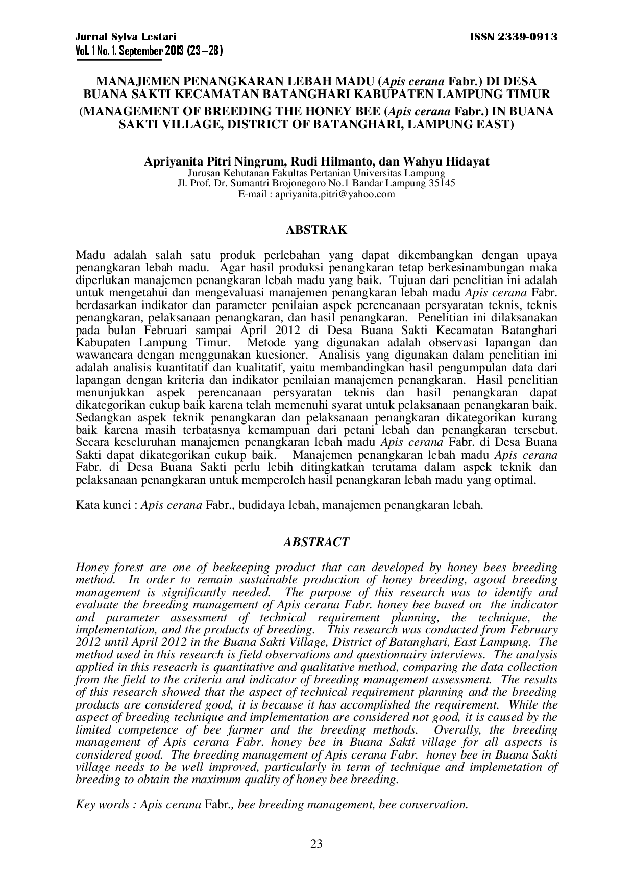 juris Manajemen Penangkaran Lebah Madu Apis Cerana Fabr Di Desa Buana Sakti Kecamatan Batanghari Kabupaten Lampung Timur