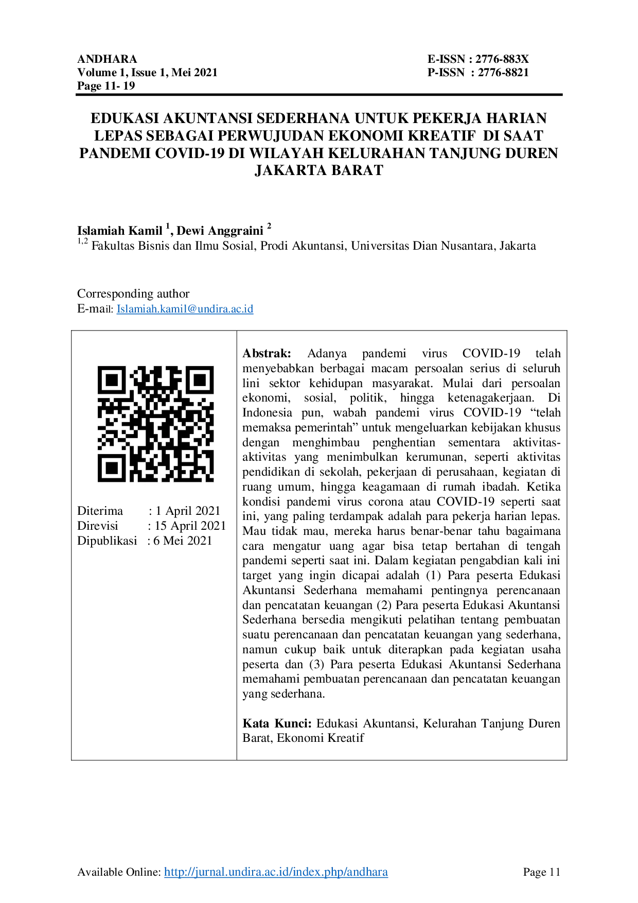 JURIS Edukasi Akuntansi Sederhana Untuk Pekerja Harian Lepas Sebagai Perwujudan Ekonomi Kreatif Di Saat Pandemi Covid 19 Di Wilayah Kelurahan Tanjung Duren Jakarta Barat