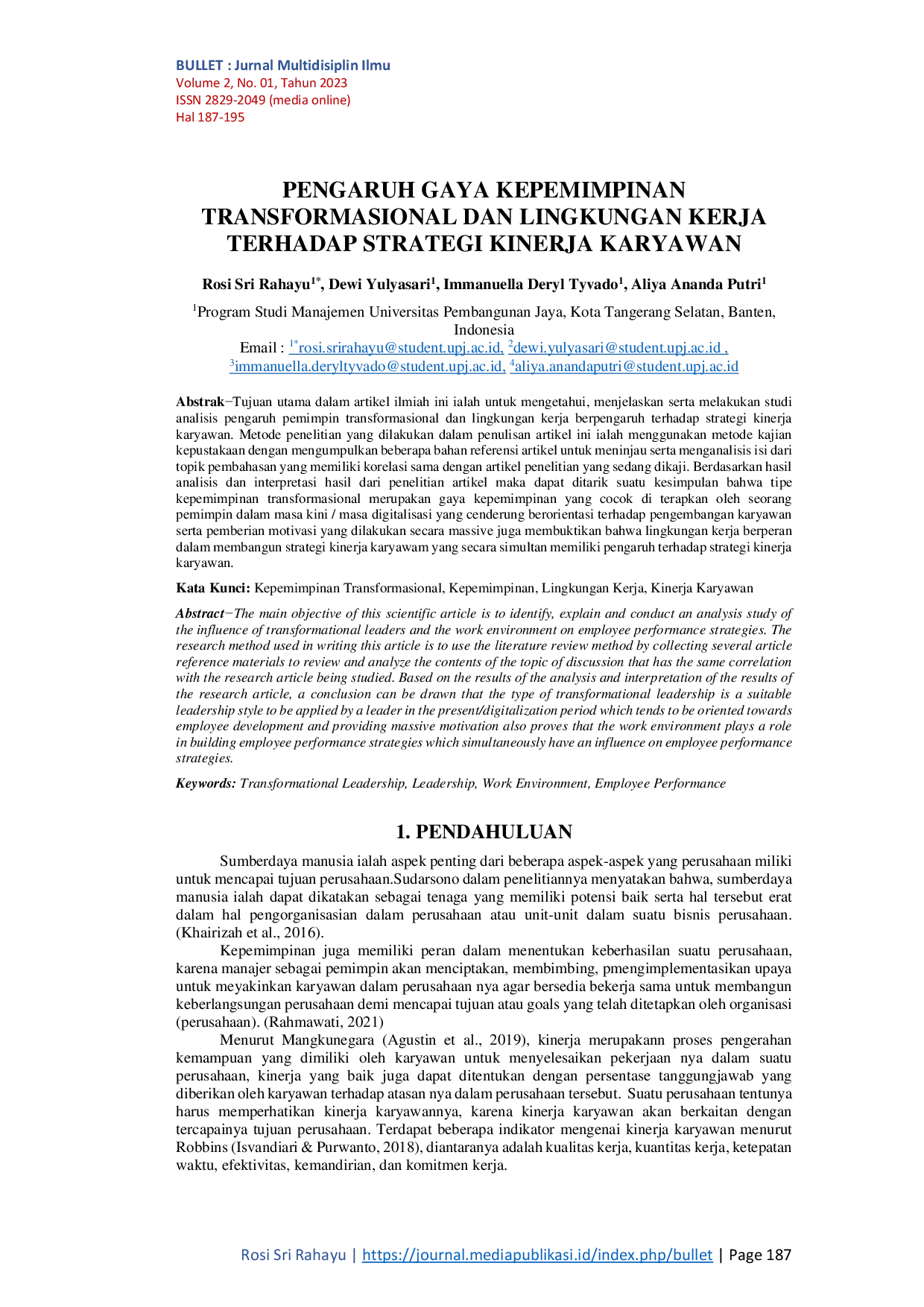 JURIS Pengaruh Gaya Kepemimpinan Transformasional Dan Lingkungan Kerja Terhadap Strategi Kinerja Karyawan