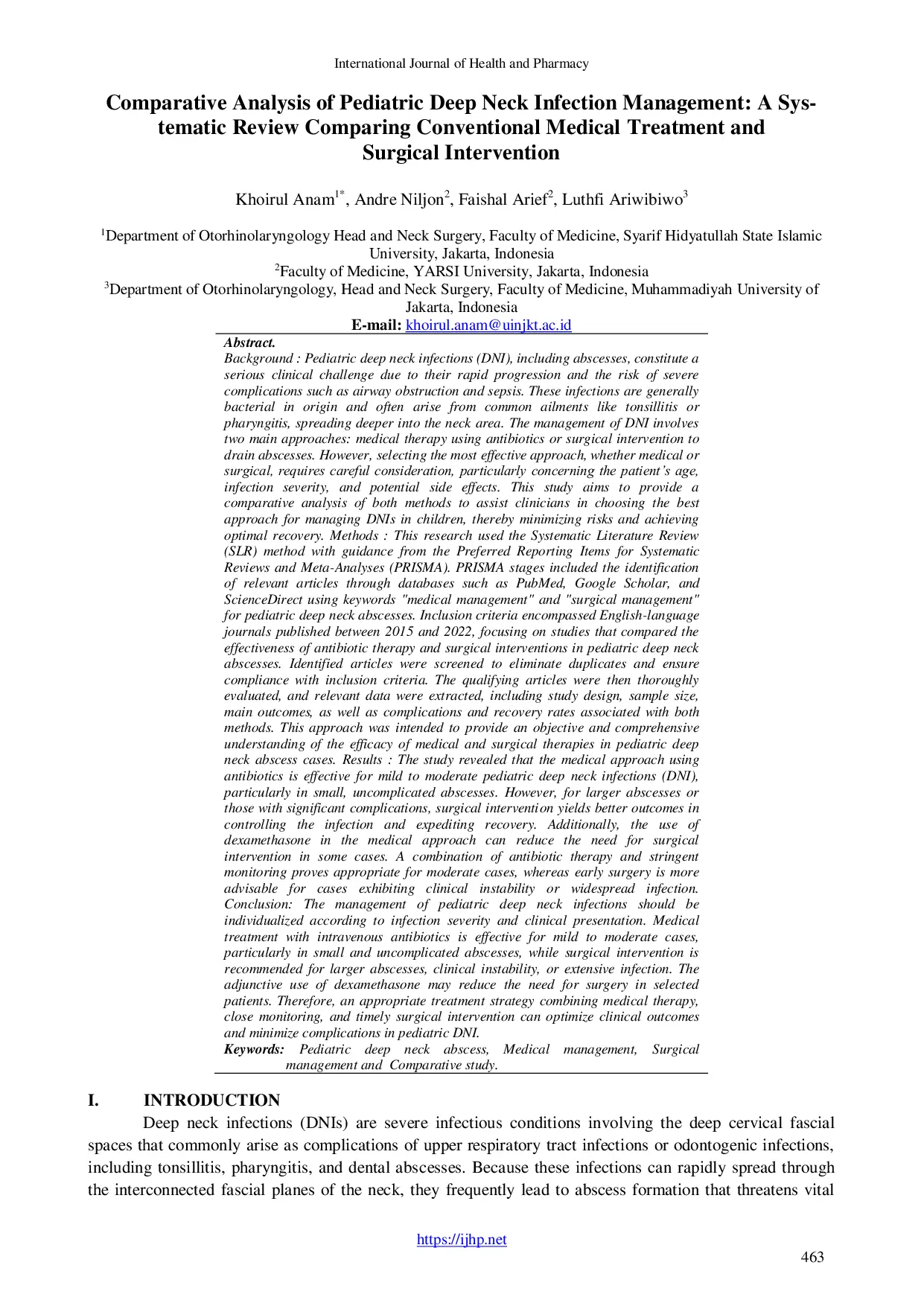 JURIS Comparative Analysis of Pediatric Deep Neck Infection Management A Systematic Review Comparing Conventional Medical Treatment and Surgical Intervention