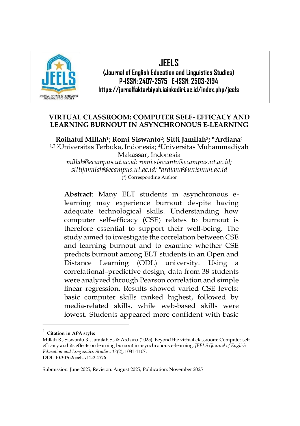 JURIS Beyond the Virtual Classroom Computer Self Efficacy and Its Effects on Learning Burnout in Asynchronous E learning