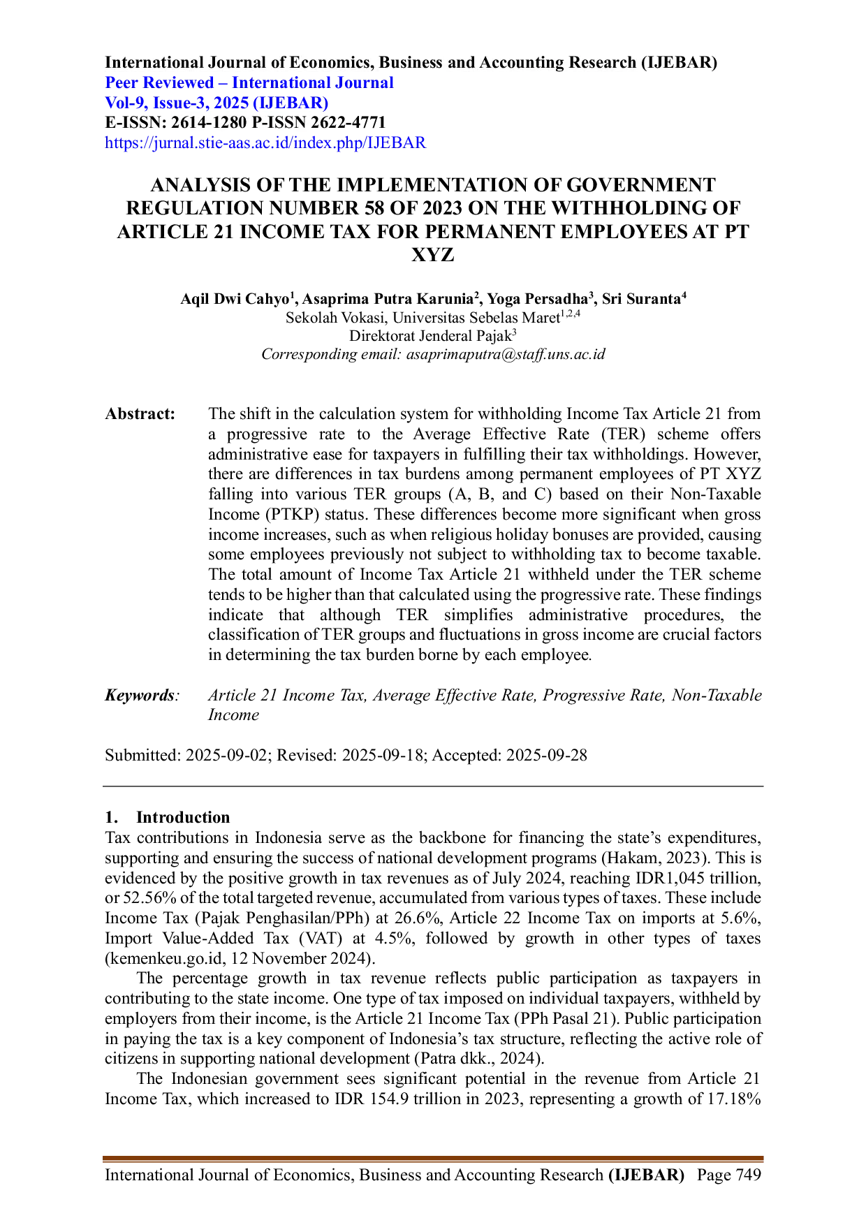 JURIS Analysis of the Implementation of Government Regulation Number 58 of 2023 on the Withholding of Article 21 Income Tax for Permanent Employees at PT XYZ