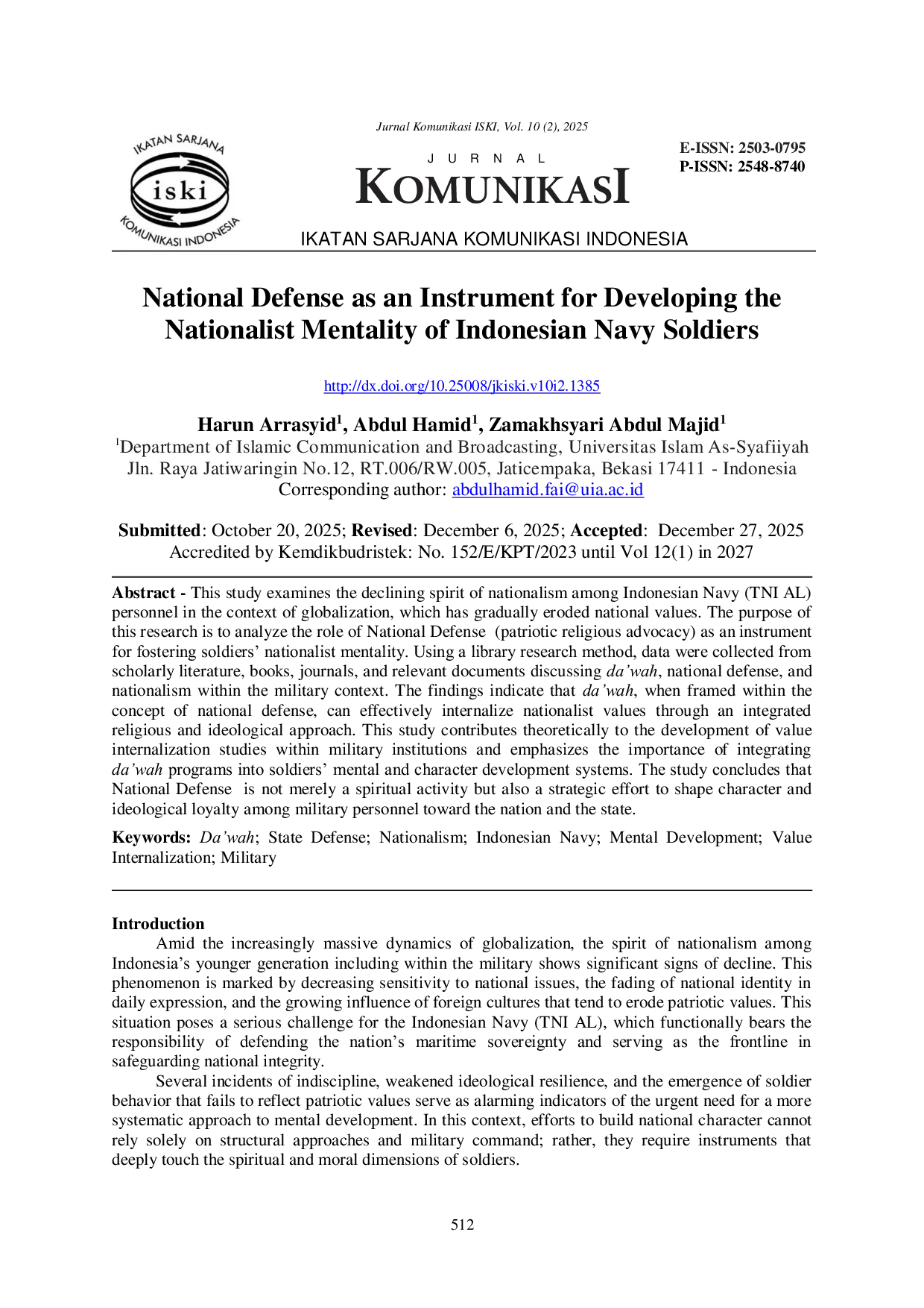 JURIS National Defense as an Instrument for Developing the Nationalist Mentality of Indonesian Navy Soldiers