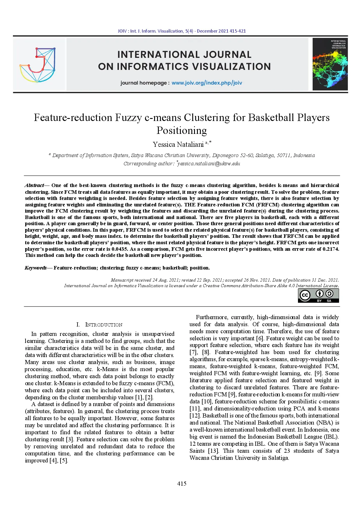 juris Feature reduction Fuzzy c means Clustering for Basketball Players Positioning